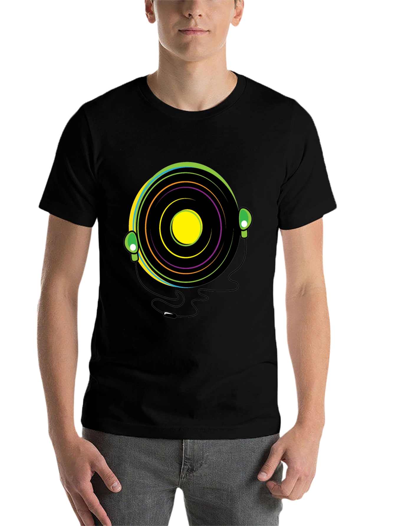 Black Groovy Vinyl Record Headphone T-Shirt view 7
