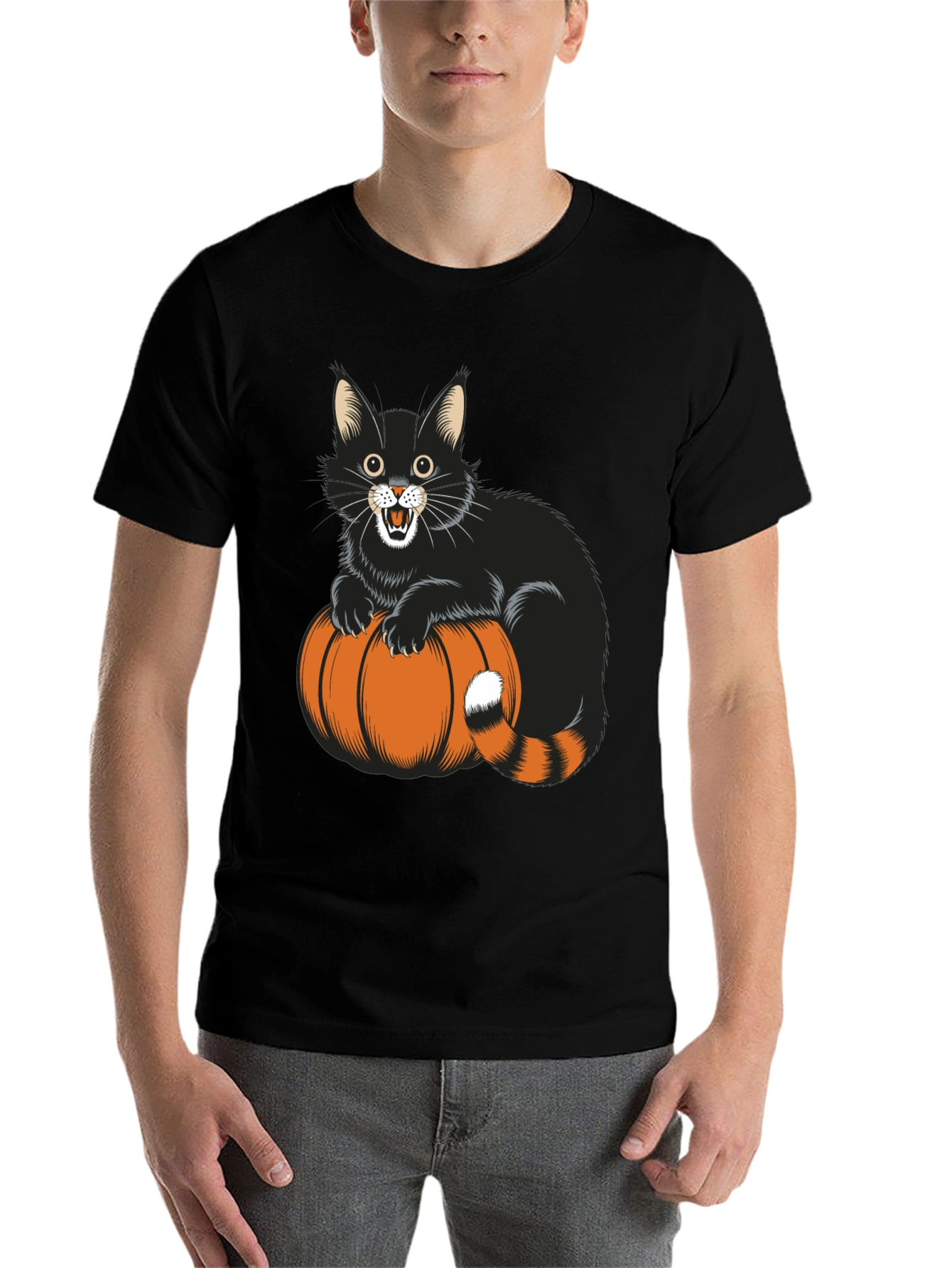 Black Halloween Cat & Pumpkin Black T-Shirt view 7
