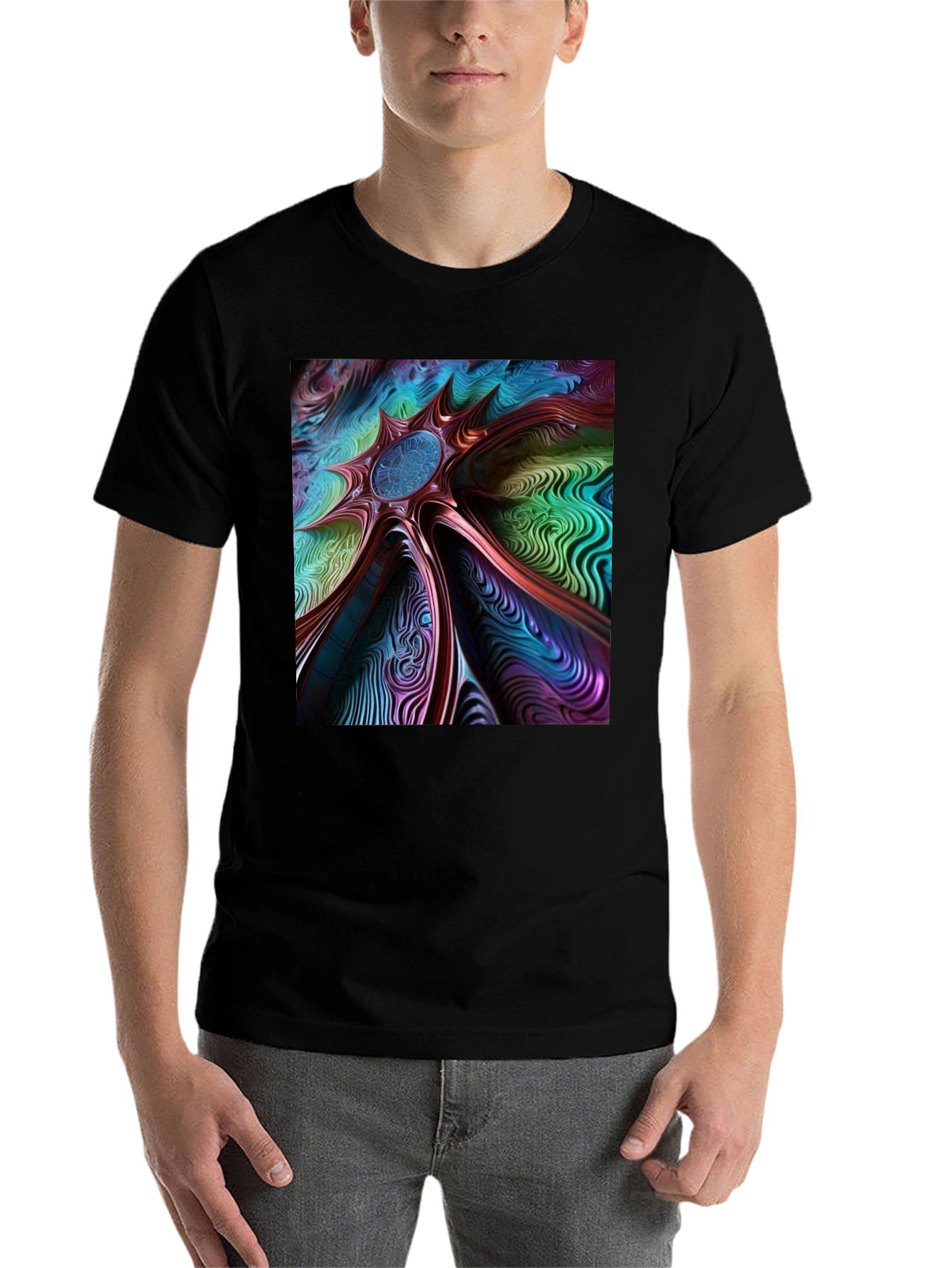 Black Abstract Art Tee: Colorful Vortex Design view 7