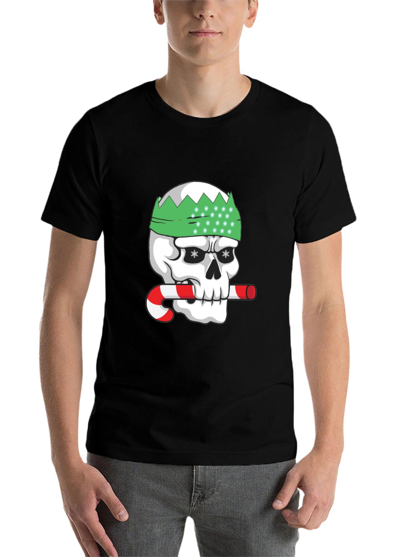 Black Festive Skull Graphic Tee - Holiday Humor view 7