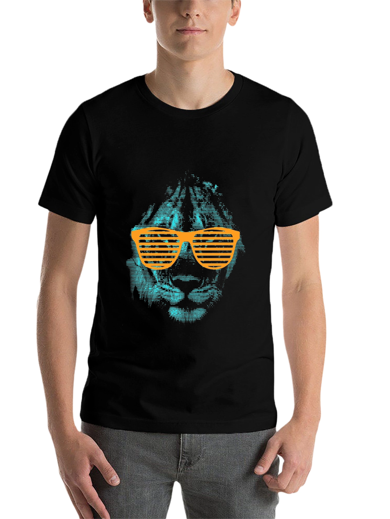 Black Cool Lion Graphic Tee with Orange Shutter Shades view 7