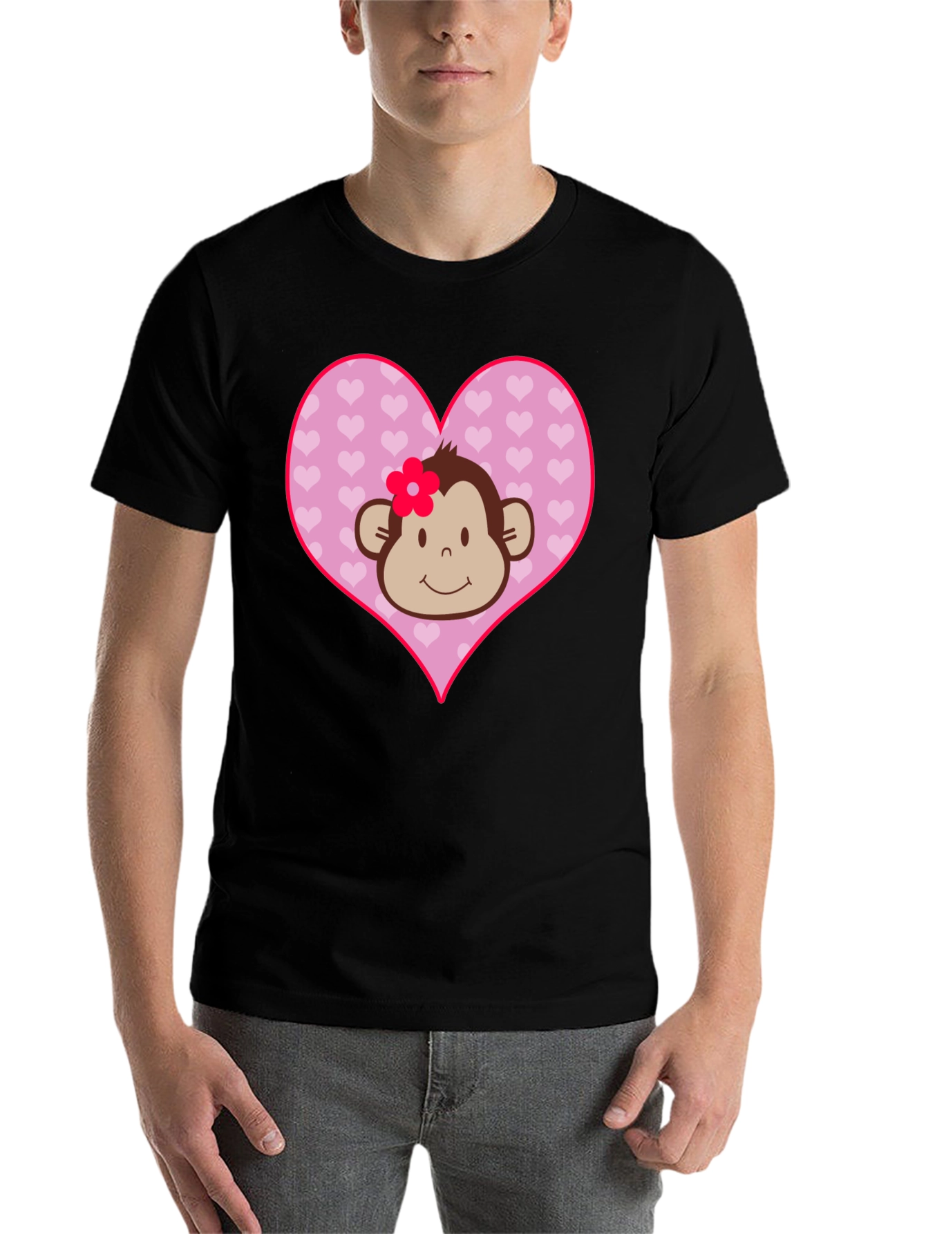 Black Cute Monkey Heart Graphic Tee - Black Cotton Shirt view 7