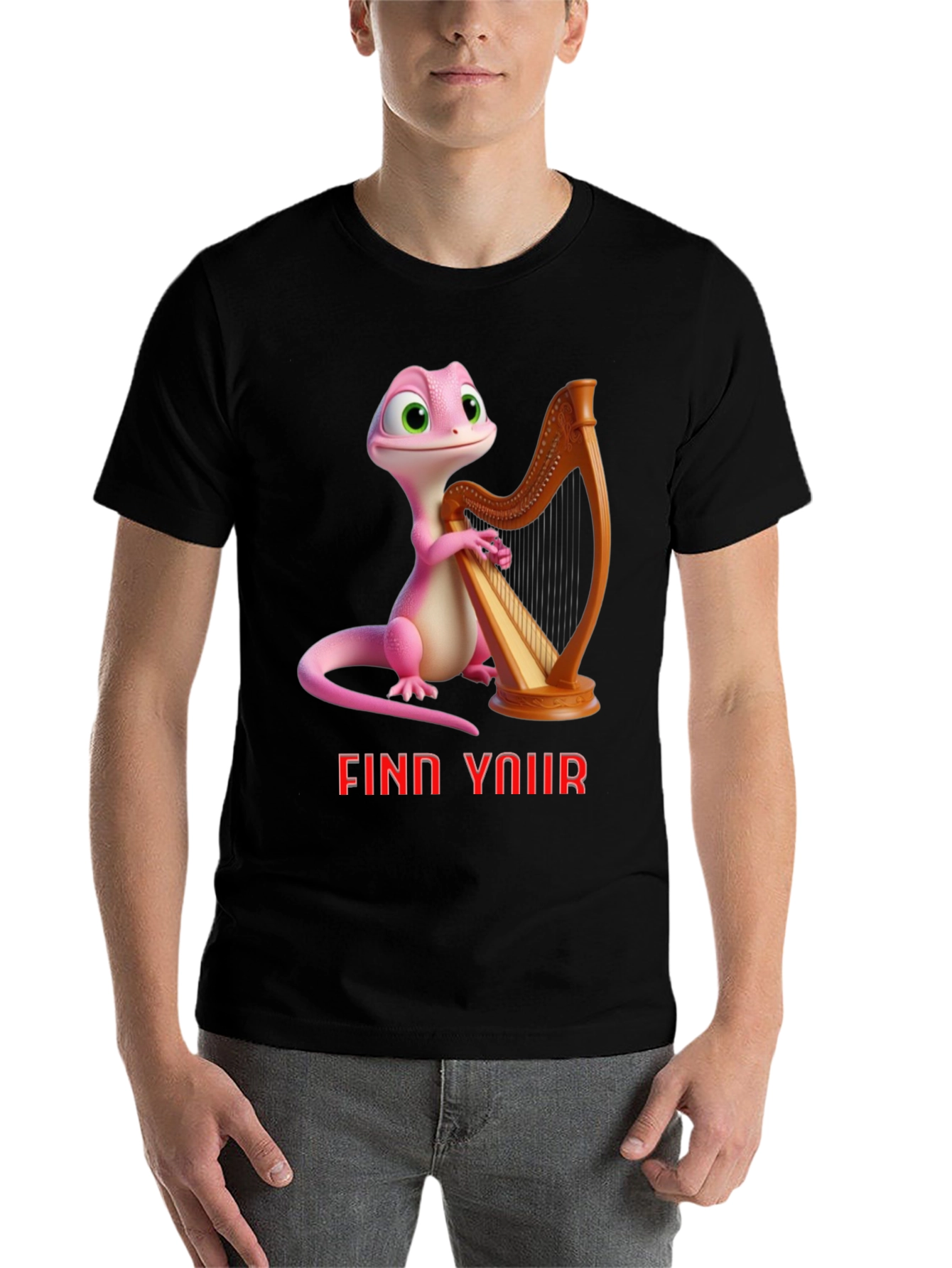 Black Whimsical Gecko Harpist Graphic Tee view 7