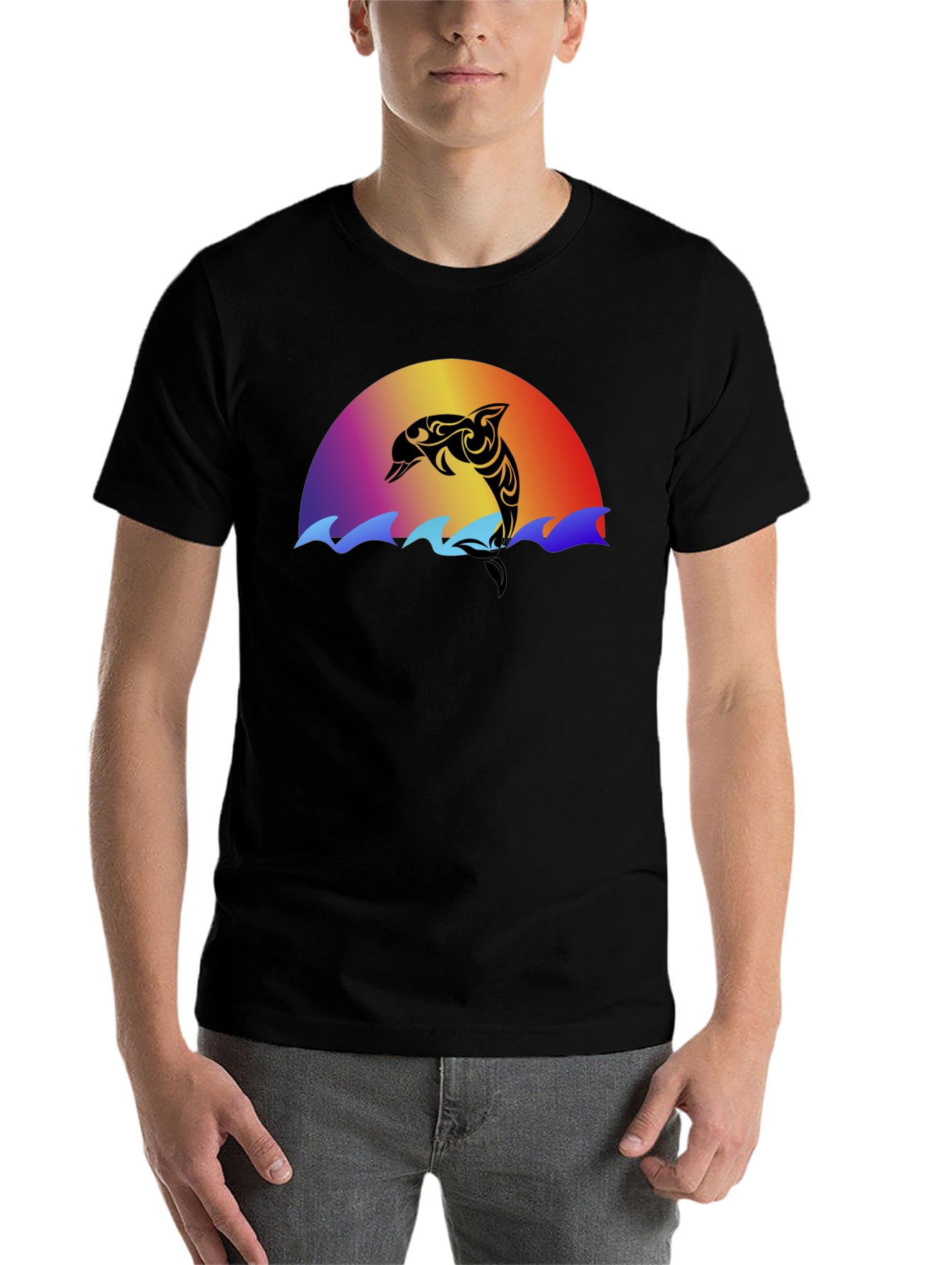 Black Tribal Dolphin Sunset Graphic T-Shirt view 7
