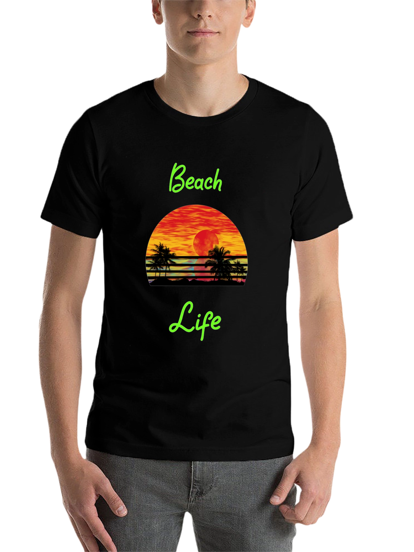 Black Beach Life Black T-Shirt Retro Sunset Palm Tree Design view 7