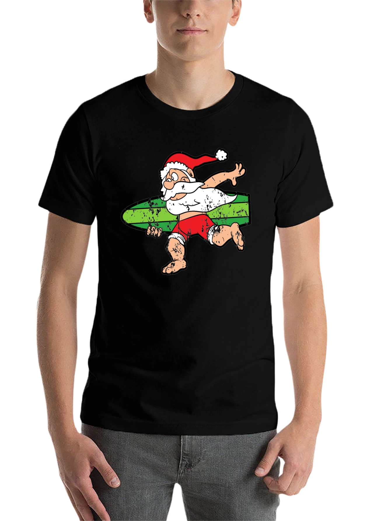 Black Surfing Santa T-Shirt - Christmas Holiday Tee view 7