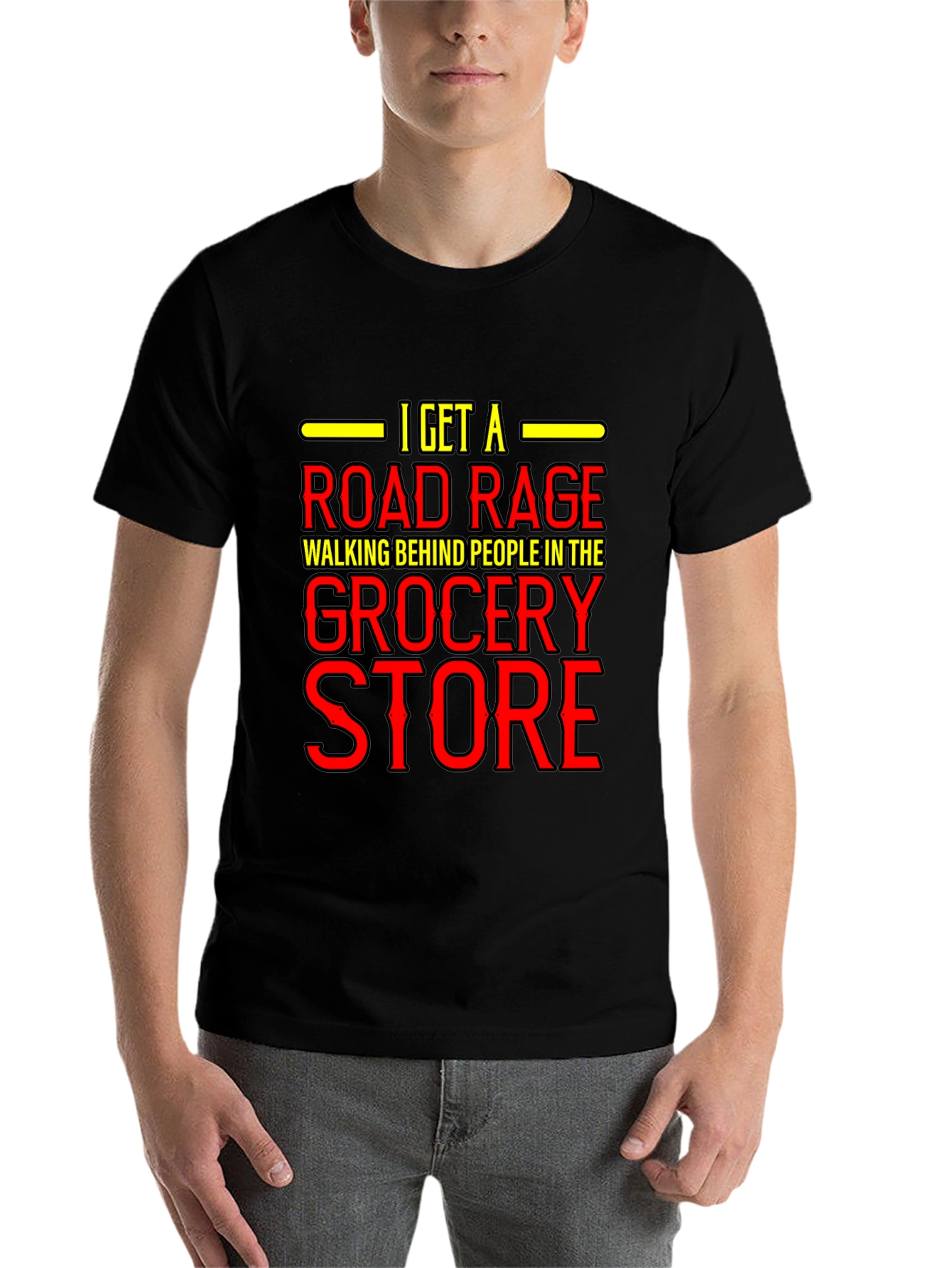 Black Road Rage Grocery Store T-Shirt - Funny Black Cotton Tee view 7