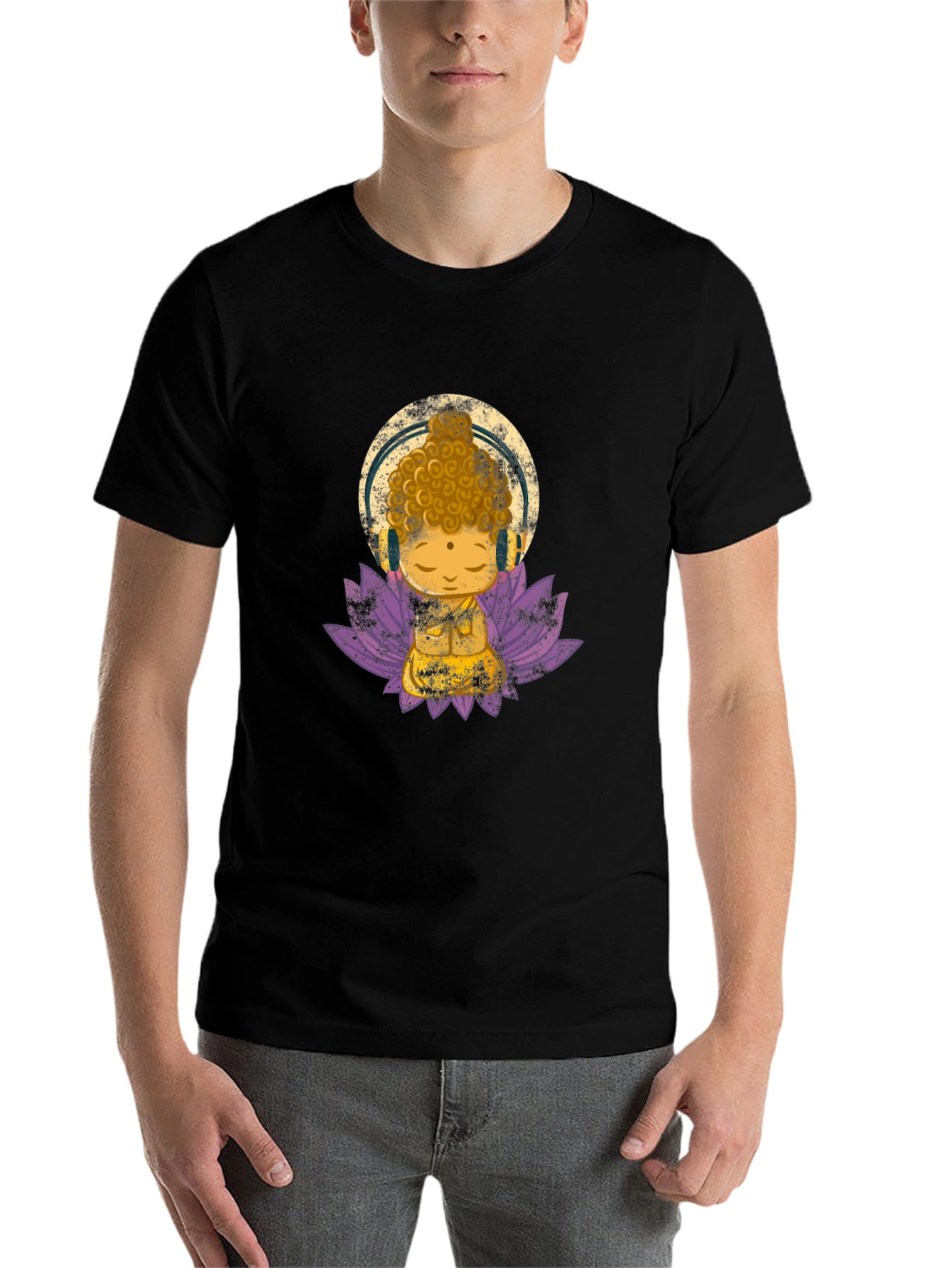 Black Buddha with Headphones Graphic Tee view 7