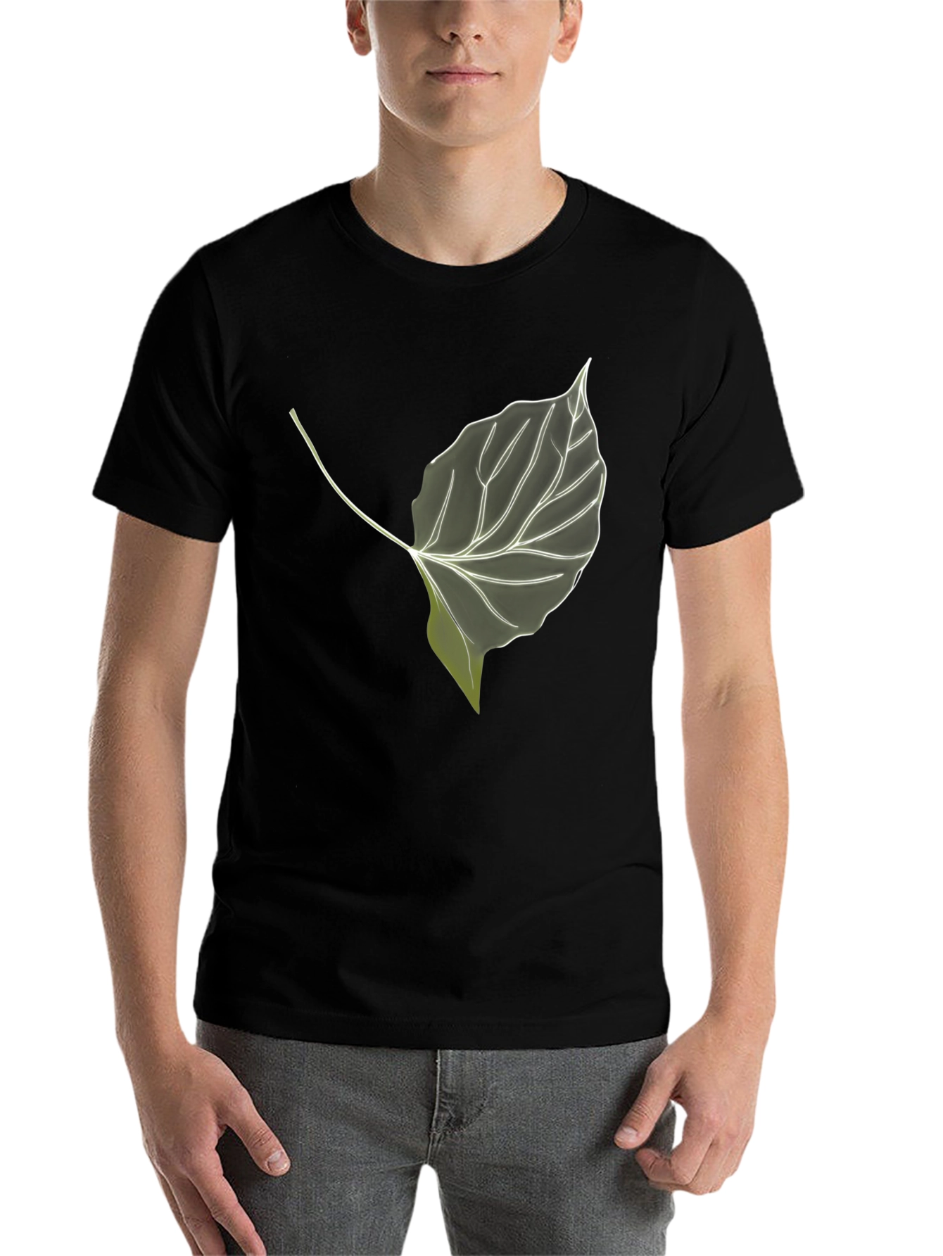 Black Leaf Print Black T-Shirt - Nature Inspired Style view 7