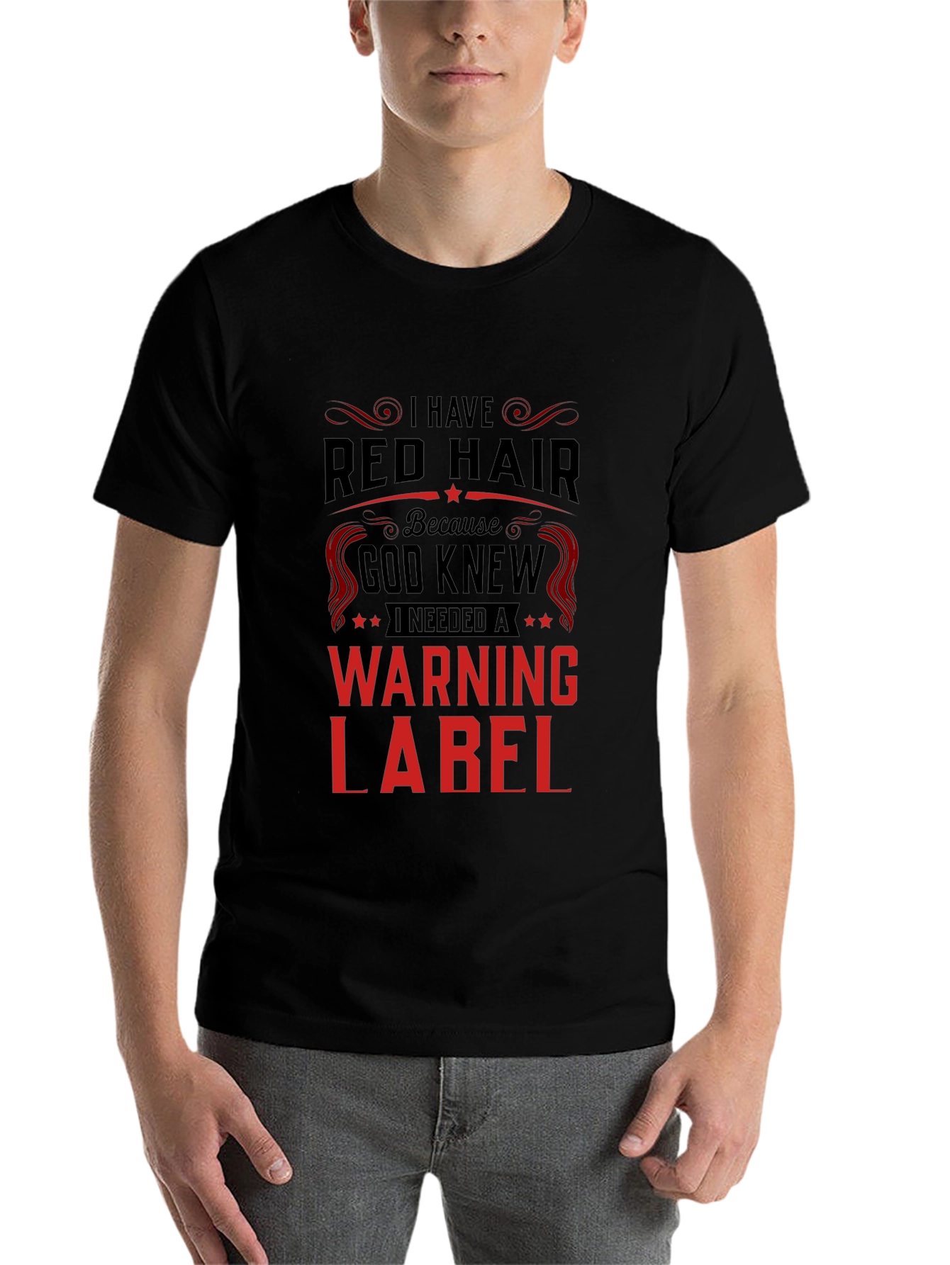 Black Red Hair Warning Label T-Shirt view 7