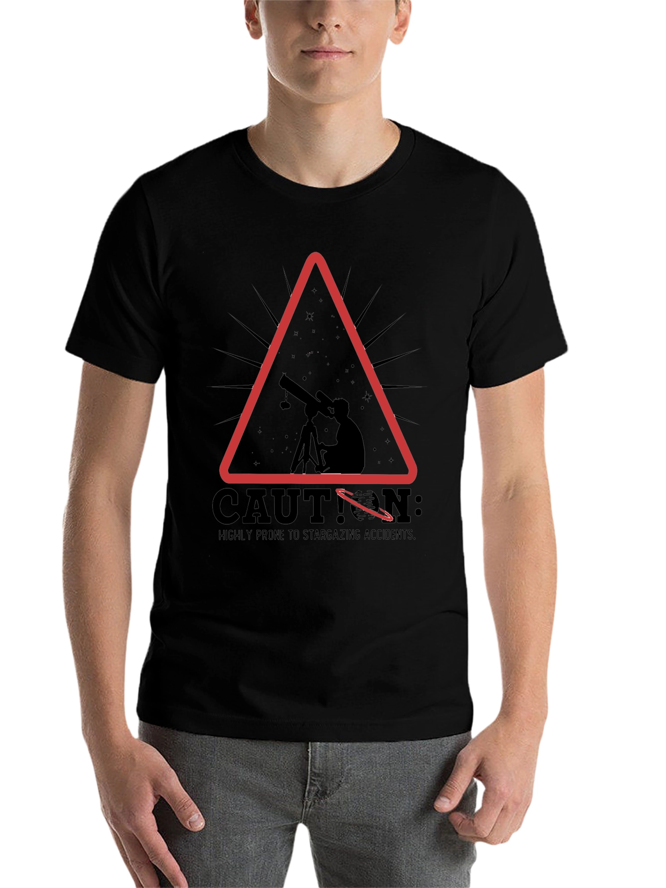 Black Caution Stargazing Accidents T-Shirt view 7