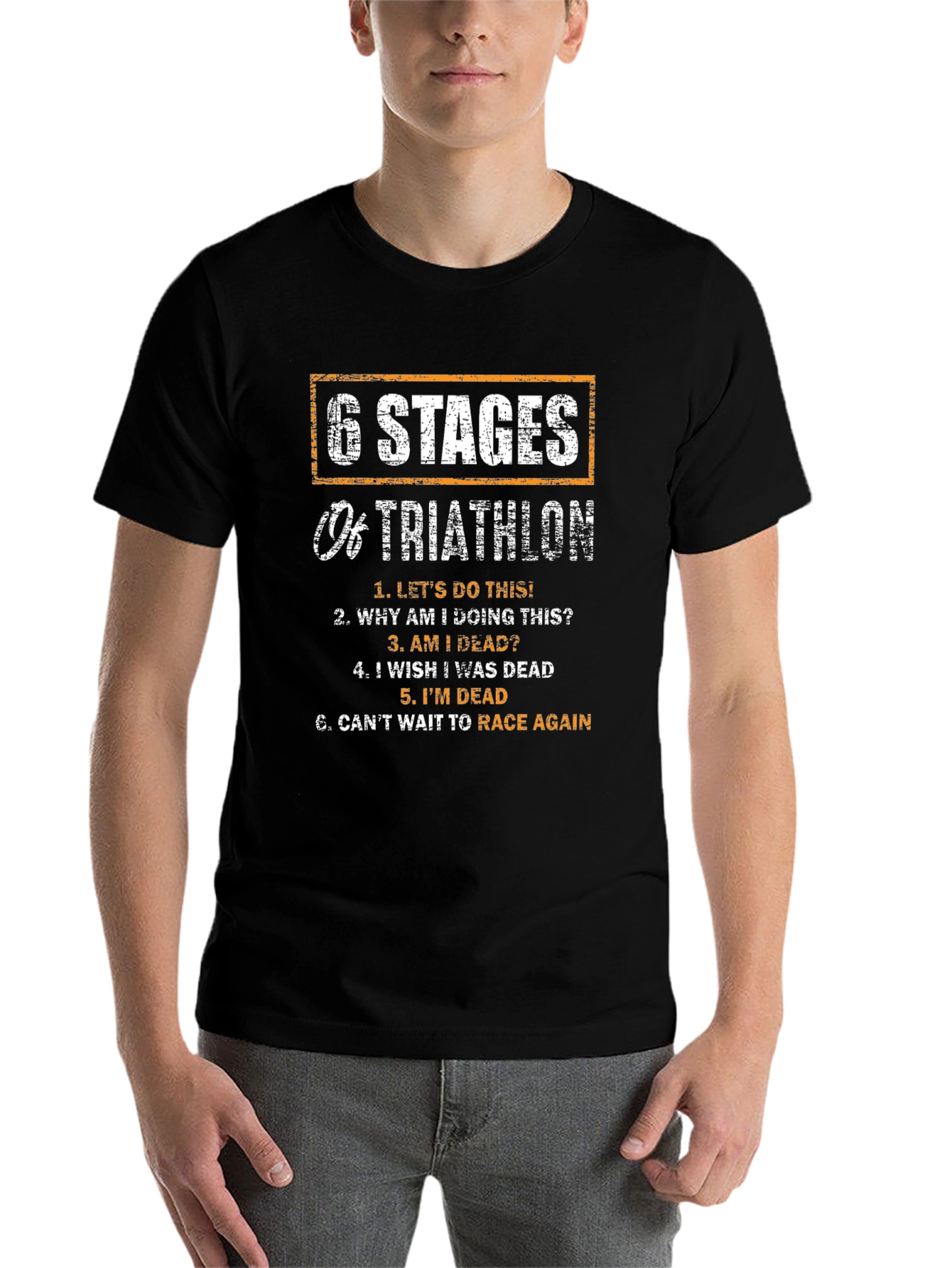 Black 6 Stages of Triathlon Funny T-Shirt view 7