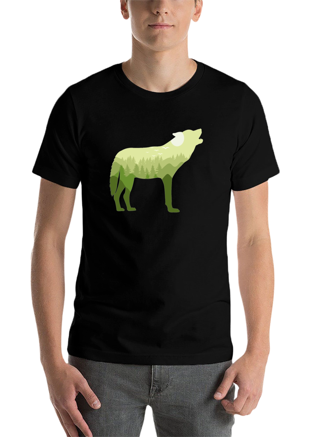 Black Wolf Silhouette Forest Graphic Tee - Black Cotton Blend view 7