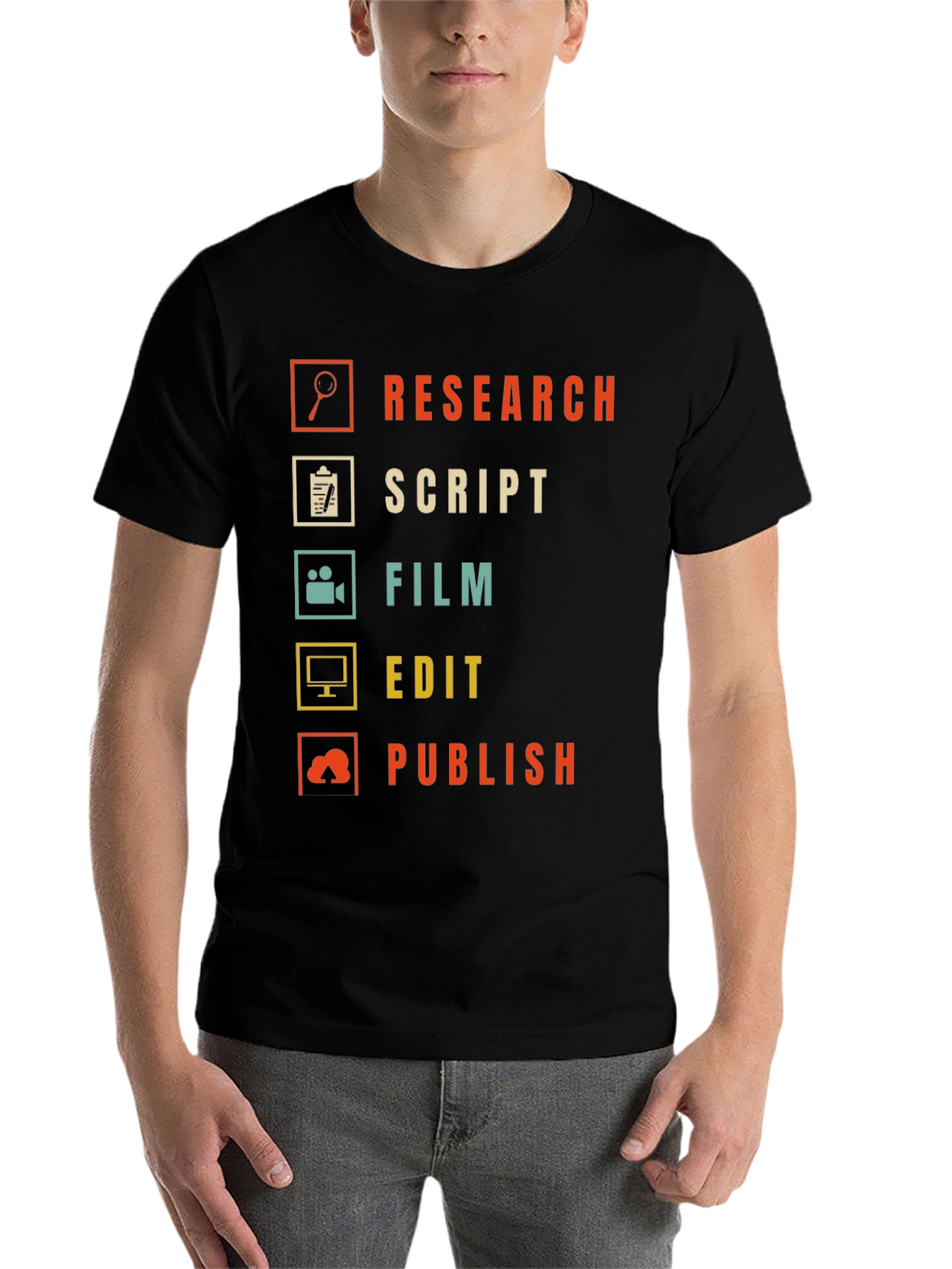Black Film Crew Process T-Shirt - Research, Script, Film, Edit, Publish view 7