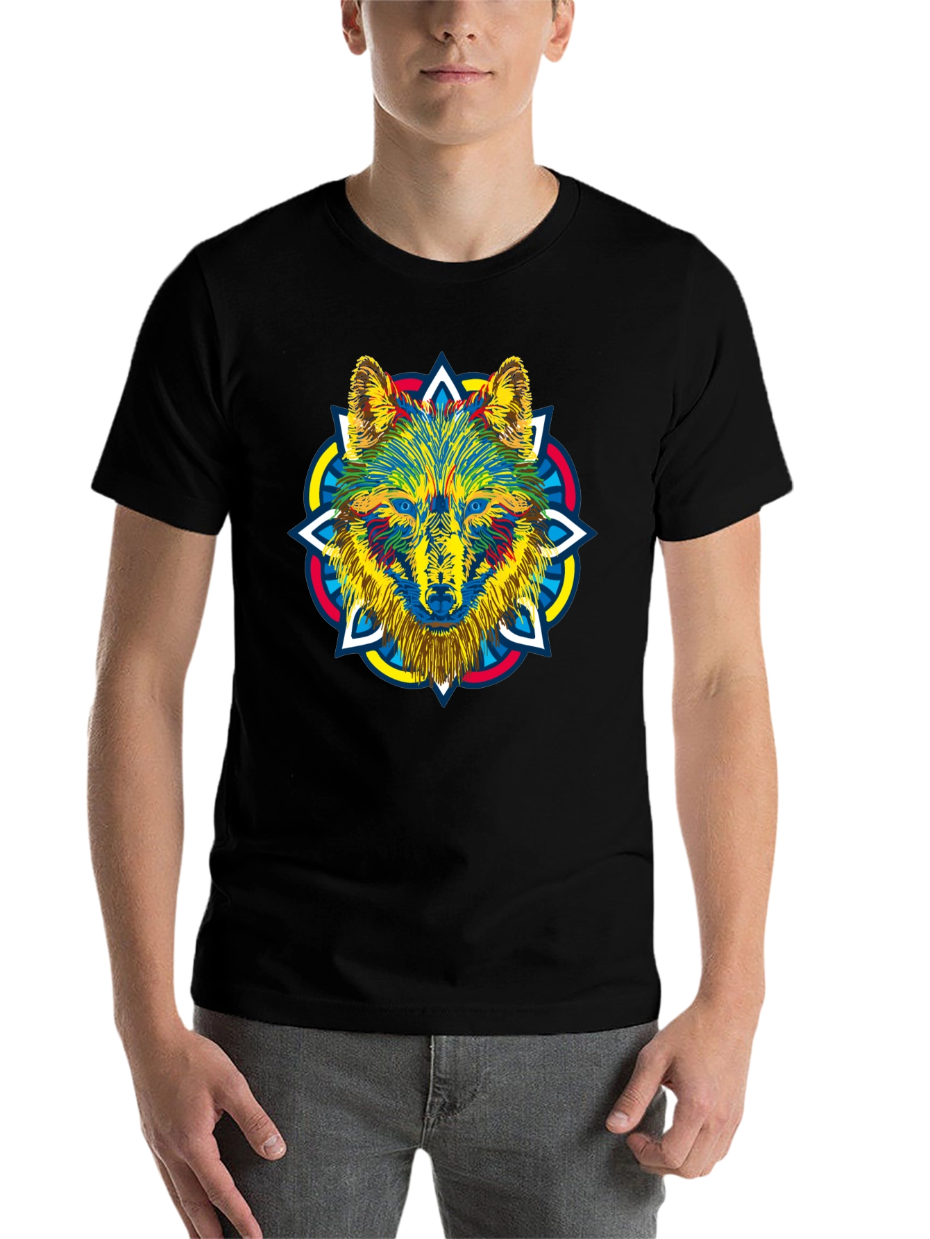 Black Wolf Mandala Graphic Print Men's Black T-Shirt view 7