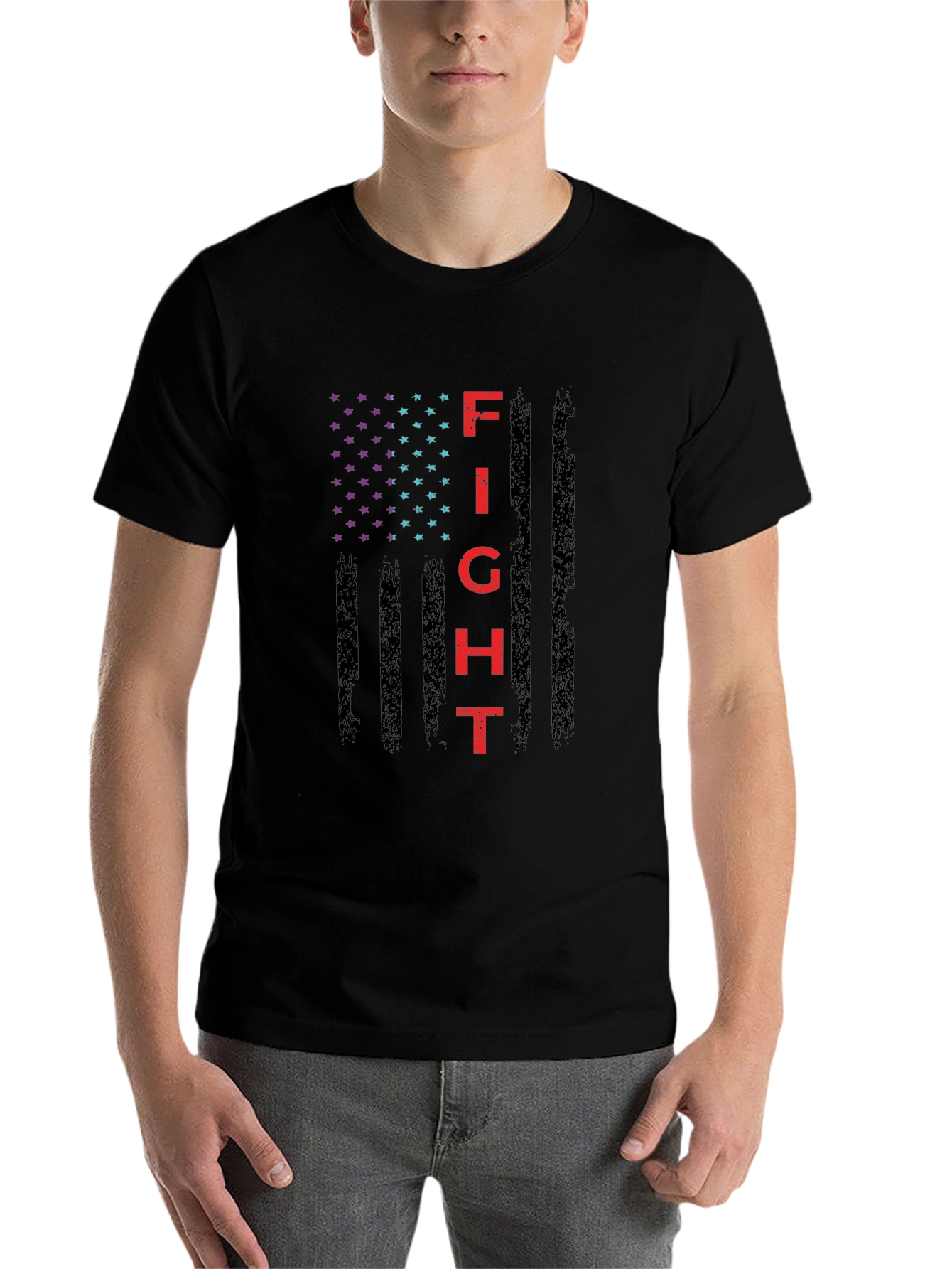 Black Fight Graphic T-Shirt - Patriotic American Flag Design view 7