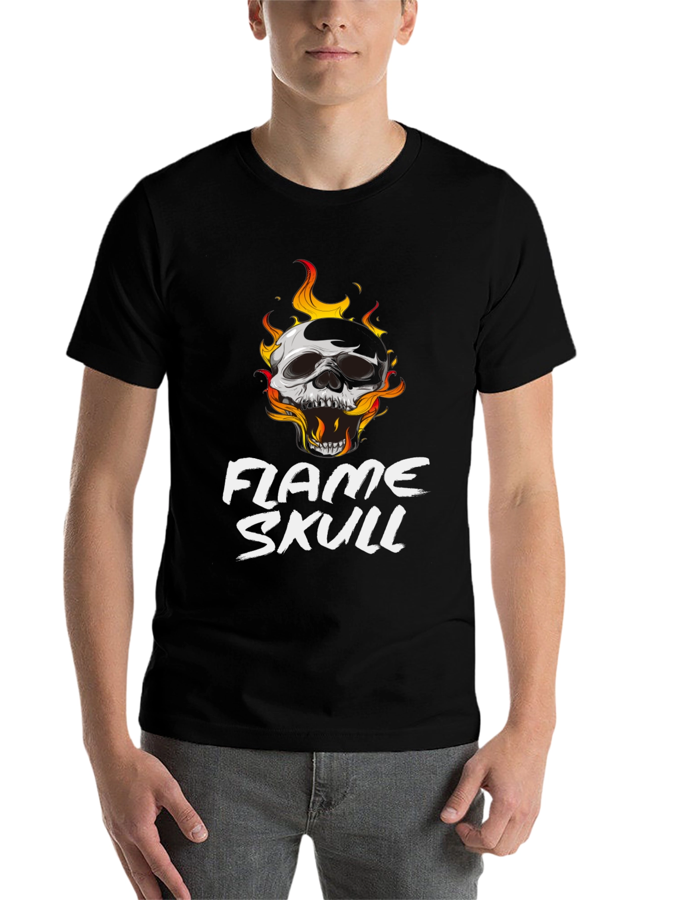 Black Flame Skull Graphic Black T-Shirt view 7