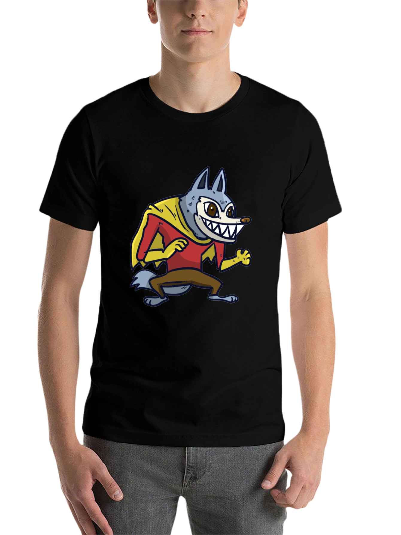 Black Cartoon Wolf Superhero Graphic Tee - Black view 7