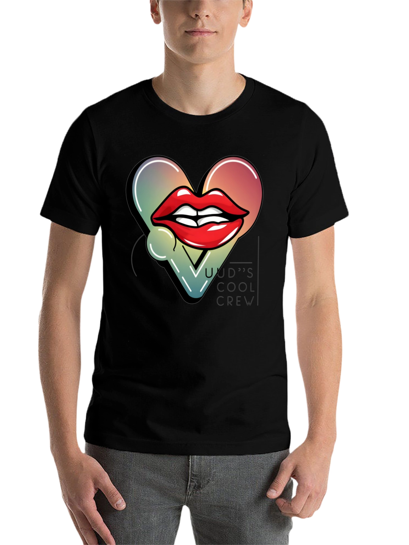 Black Trendy Lips Heart Graphic Black T-Shirt view 7