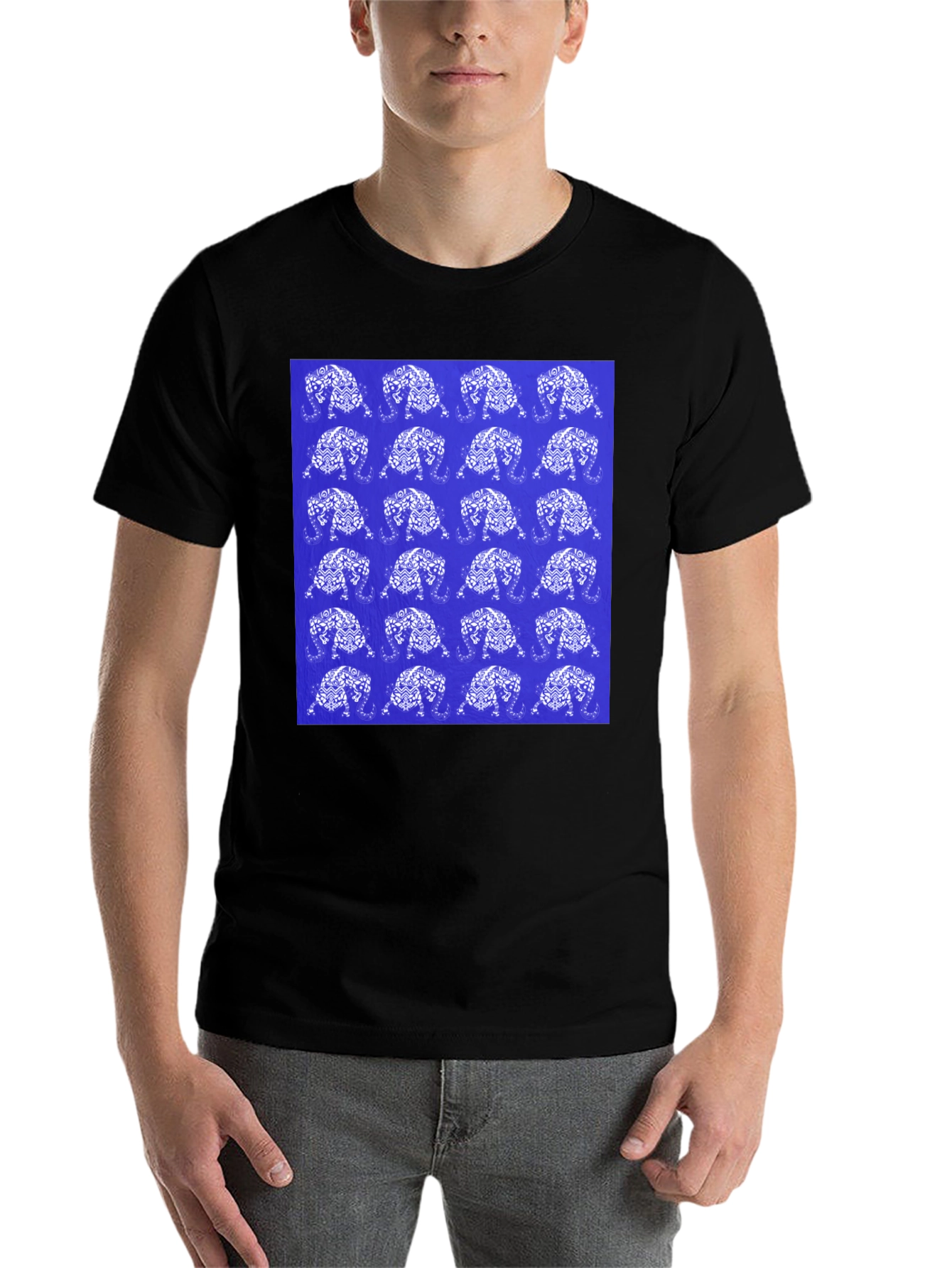 Black Patterned Elephant Print Crew Neck T-Shirt view 7