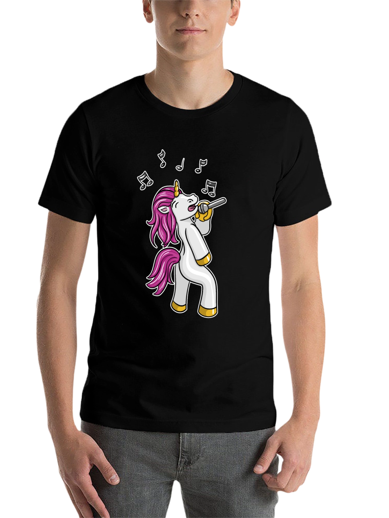 Black Singing Unicorn Black T-Shirt - Cartoon Animal Tee view 7