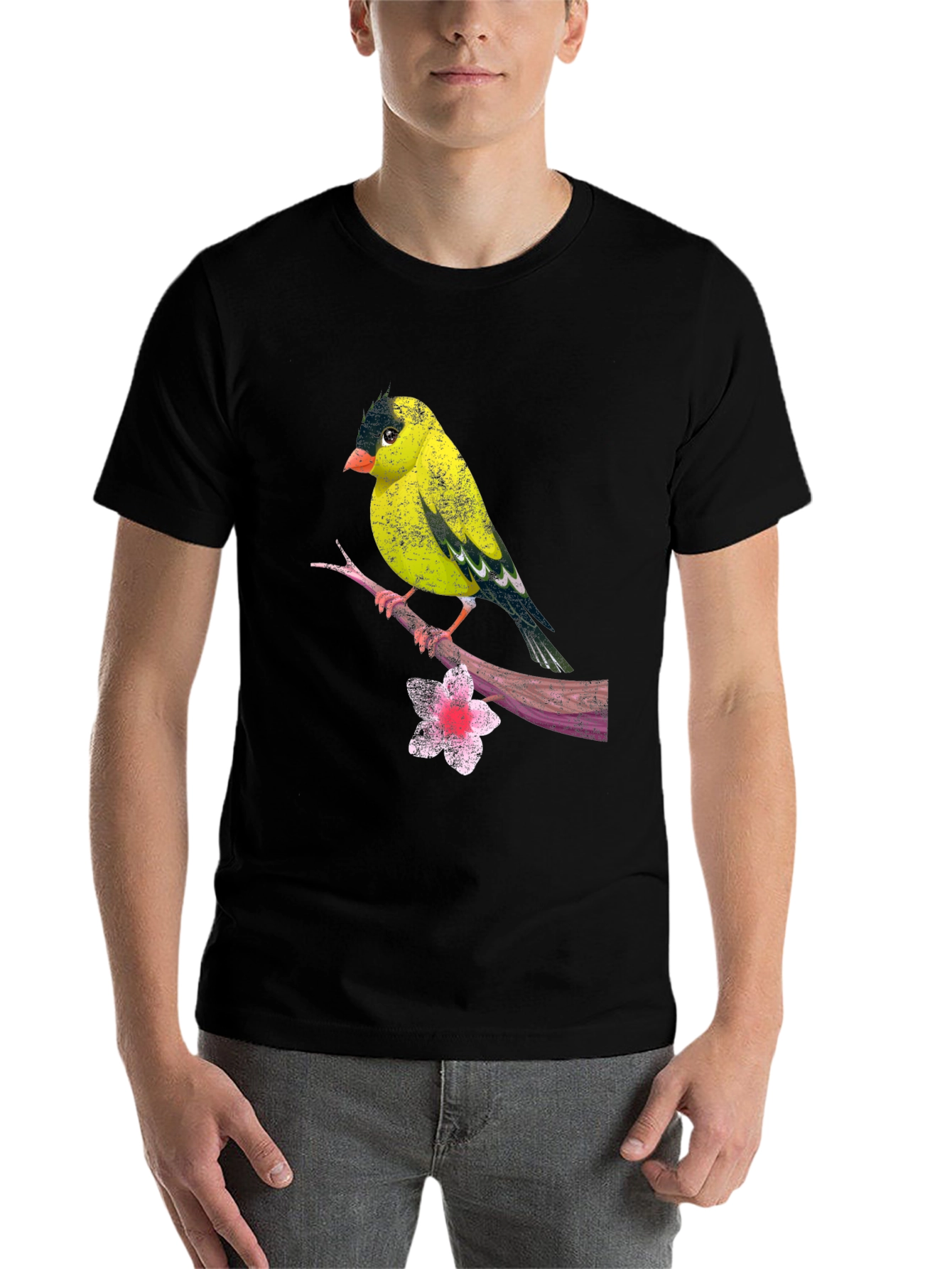 Black Bird on Branch Black T-Shirt view 7