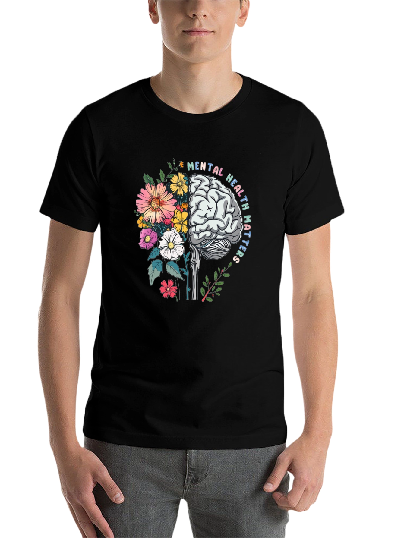 Black Mental Health Matters T-Shirt Brain Flowers Graphic view 7