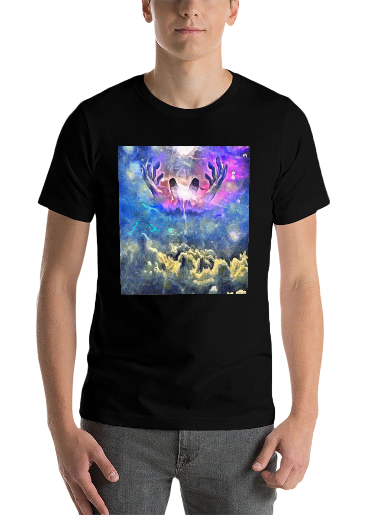 Abstract Hands in Sky Graphic Black T-Shirt - 7