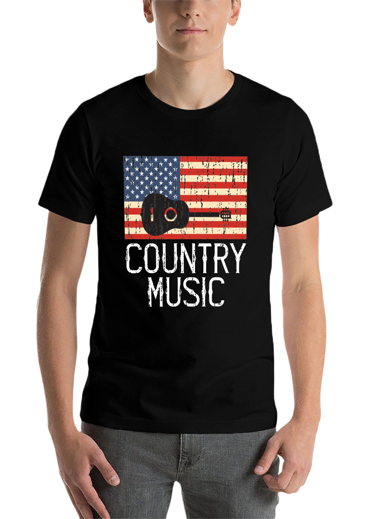 Black Country Music Guitar American Flag T-Shirt view 7