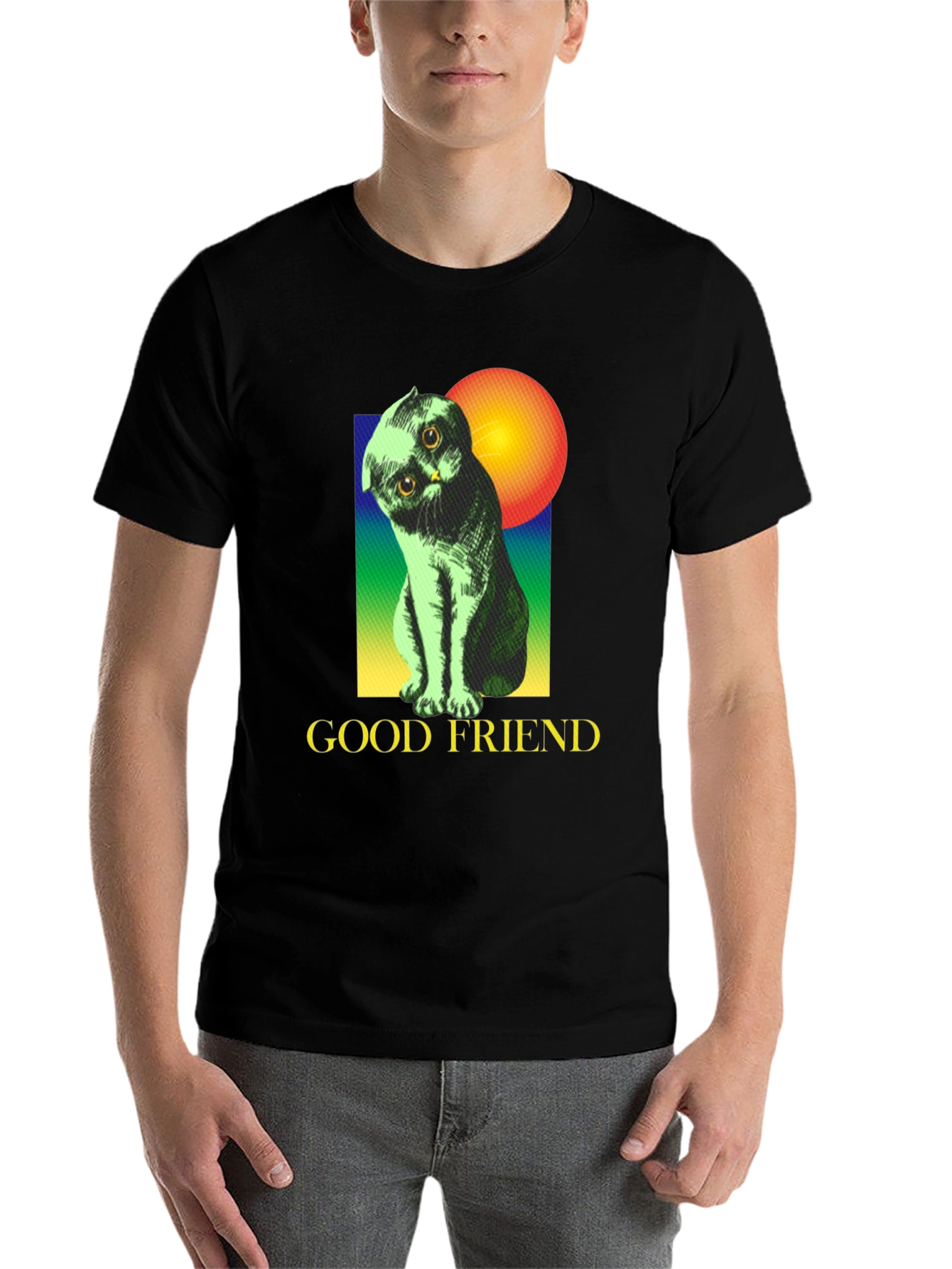 Black Good Friend Cat Graphic Tee - Unisex Soft Cotton Shirt view 7