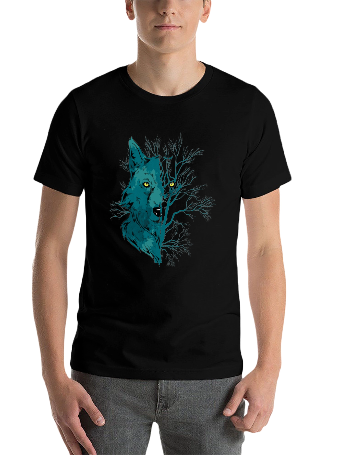 Black Wolf and Woods Graphic Tee - Black Cotton T-Shirt view 7