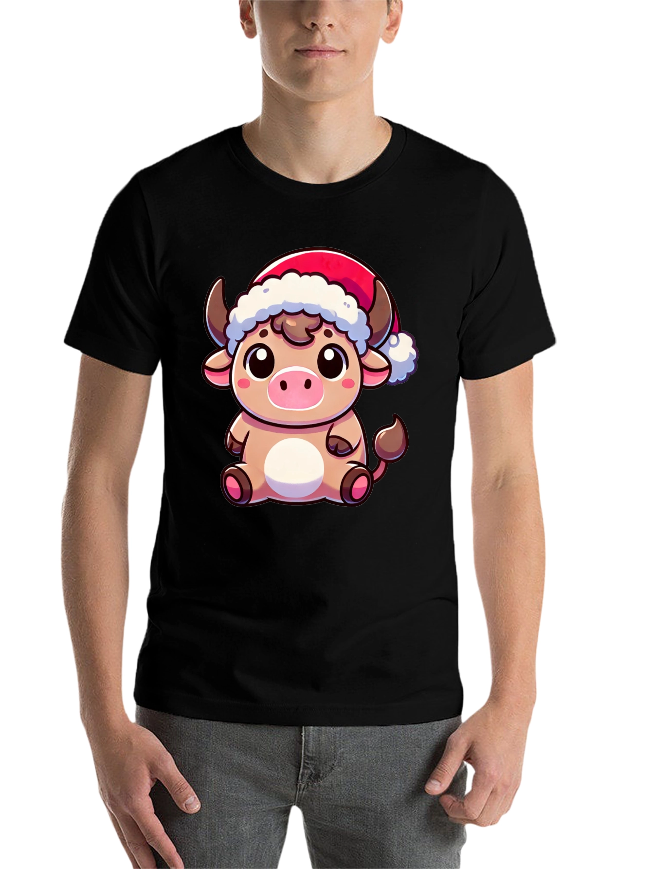 Black Festive Cow T-Shirt - Holiday Cartoon Bull Tee view 7