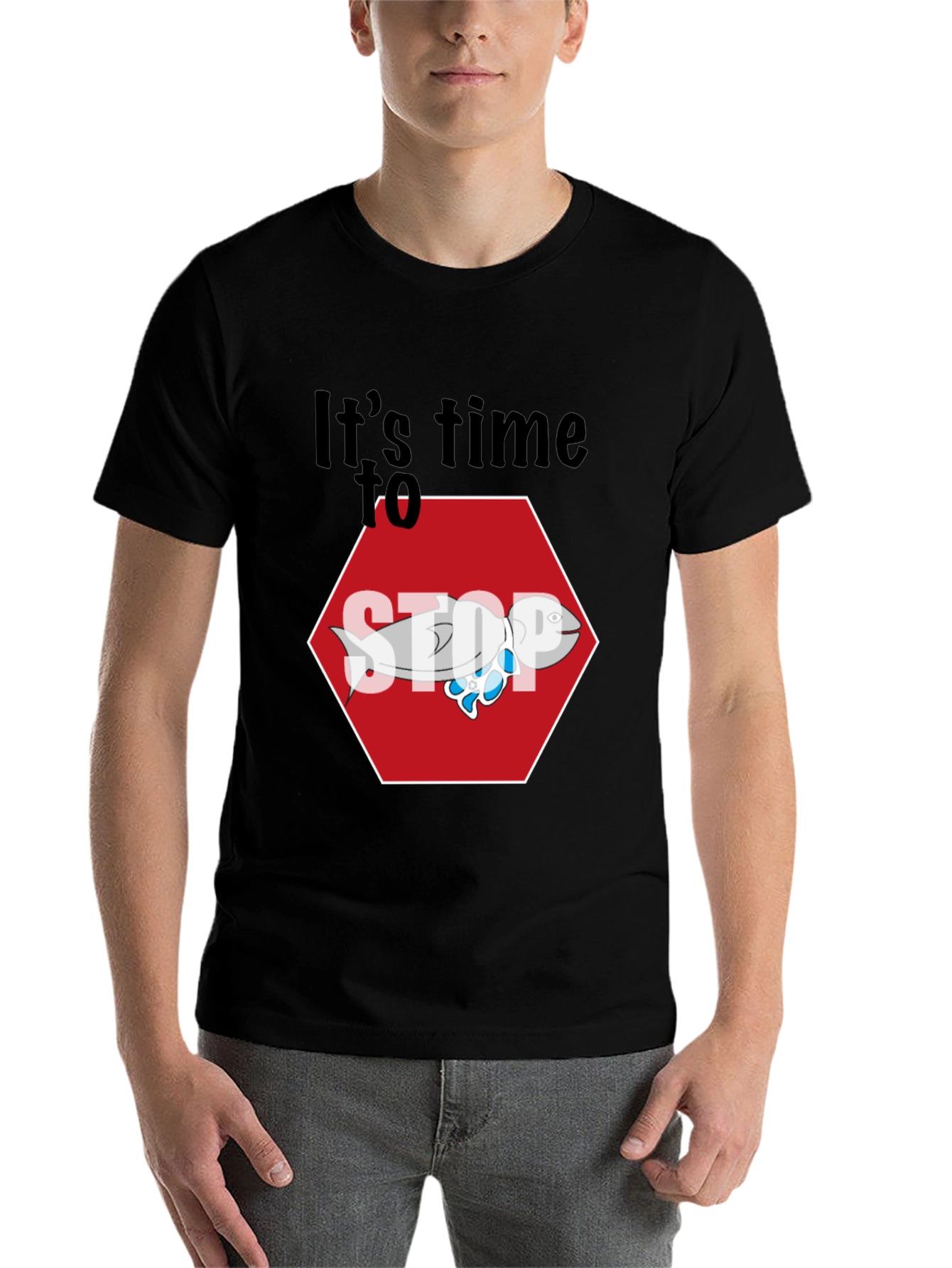 Black It's Time to STOP Fish Stop Sign Graphic Tee view 7