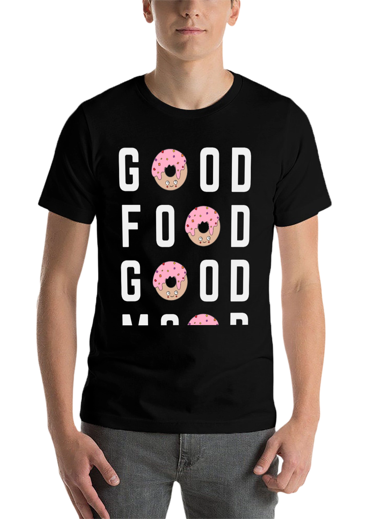 Black Good Food Good Mood T-Shirt - Donut Design view 7