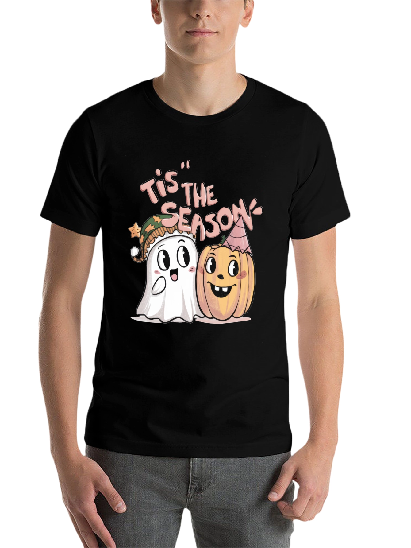Black Tis' the Season Halloween Ghost & Pumpkin T-Shirt view 7