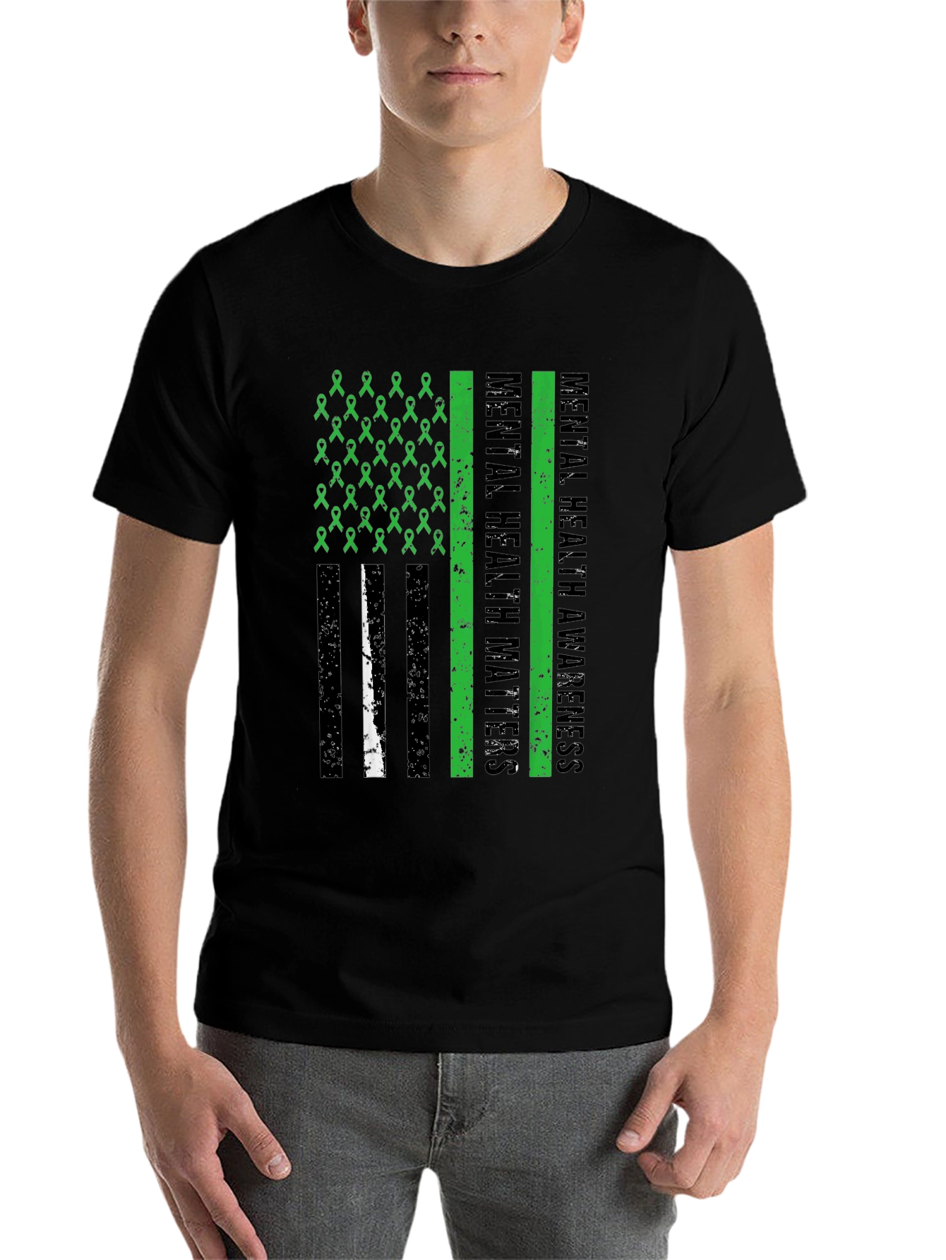 Black Mental Health Matters Awareness Ribbon American Flag Tee view 7