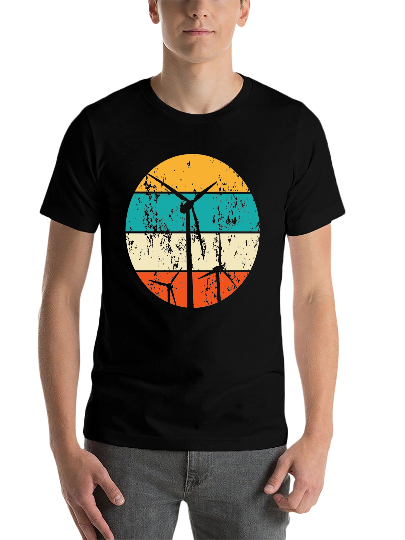 Black Retro Wind Turbine Graphic Tee - Black view 7