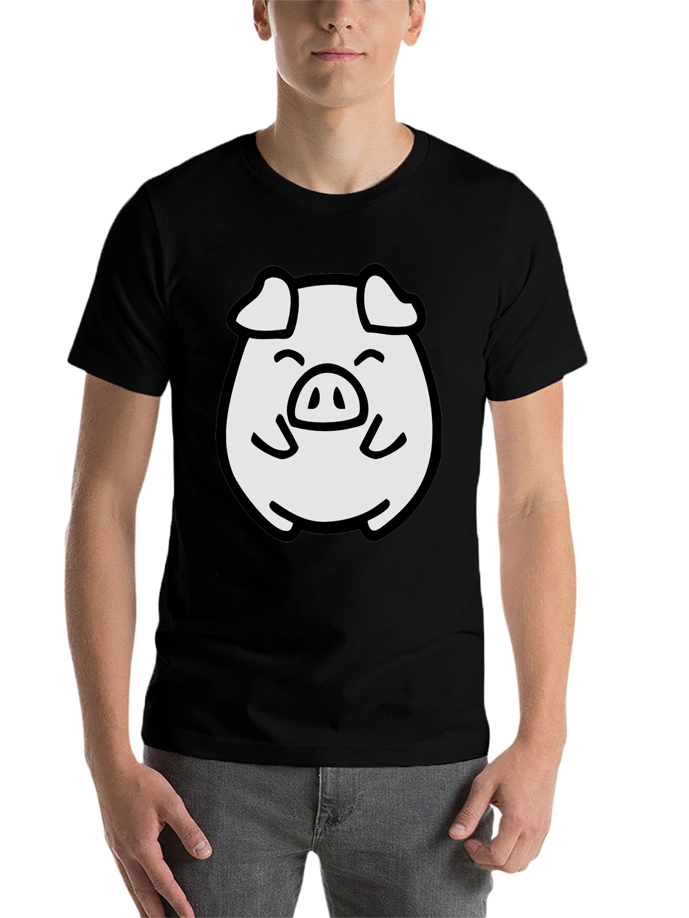 Black Cute Pig Graphic Tee - Black Cotton Blend Comfort view 7