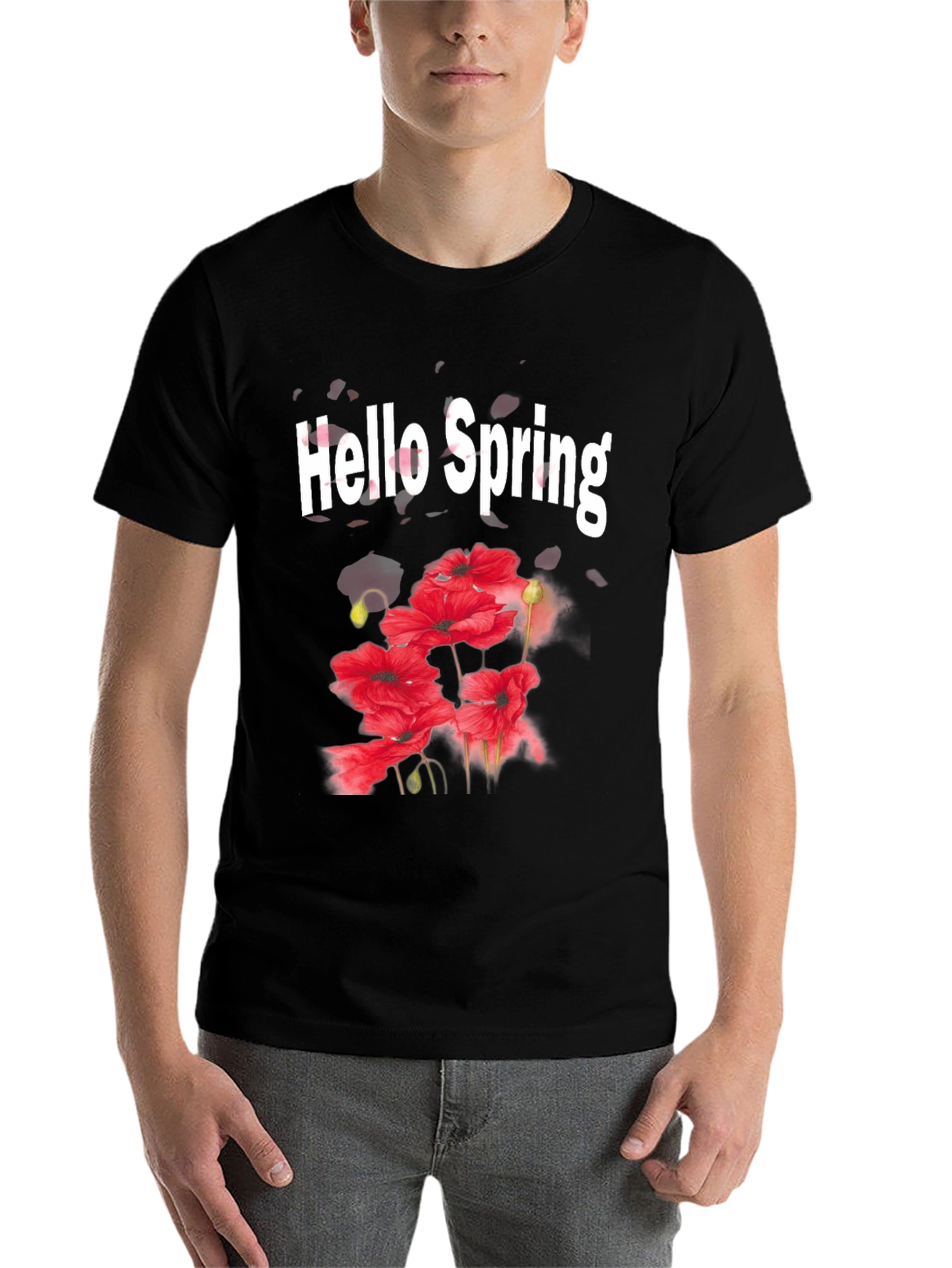 Black Hello Spring T-Shirt - Floral Design Black Tee view 7