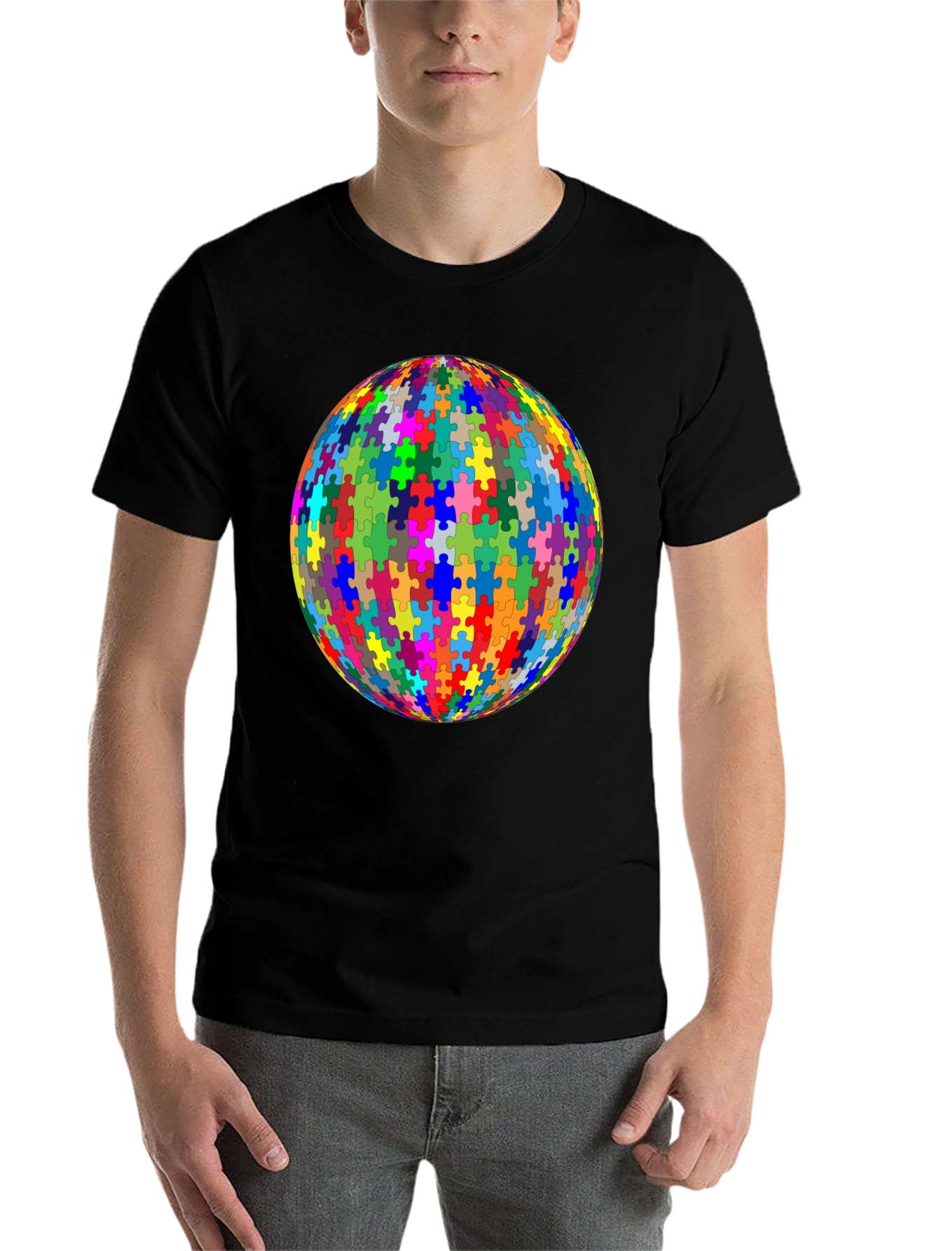 Black Puzzle Piece Sphere Graphic Tee - Black Cotton Casual Shirt view 7