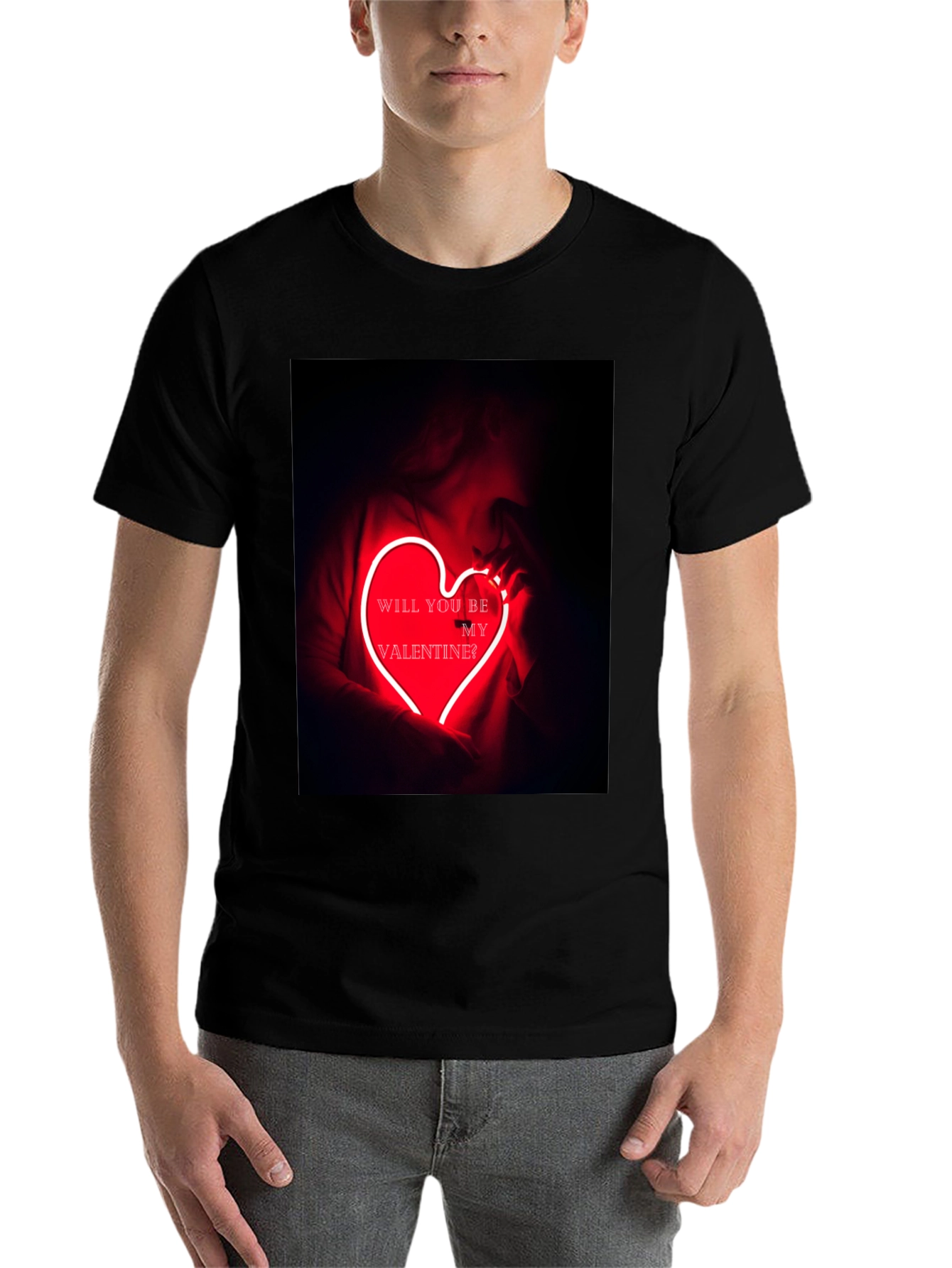 Black Valentine's Day Graphic Tee - Neon Heart T-Shirt view 7