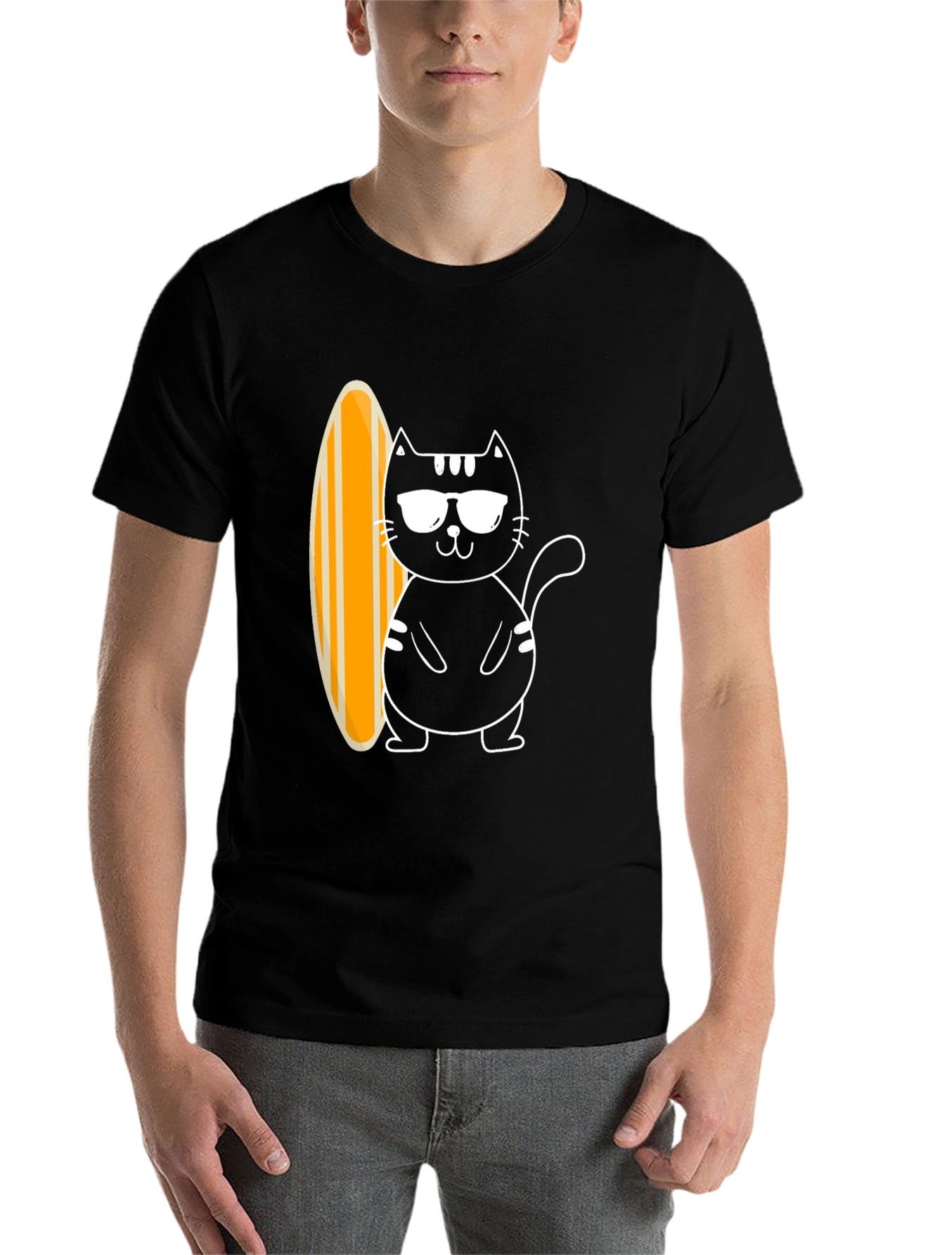 Black Cool Cat Surfboard Graphic Tee - Black Cotton T-Shirt view 7