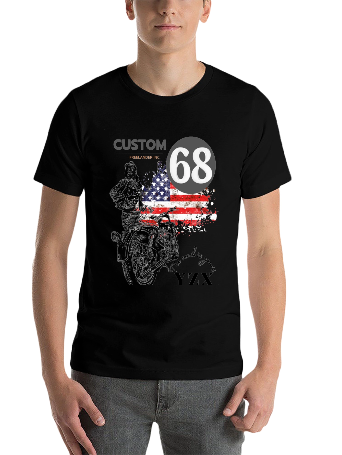 Black Custom 68 American Flag Motorcycle T-Shirt view 7