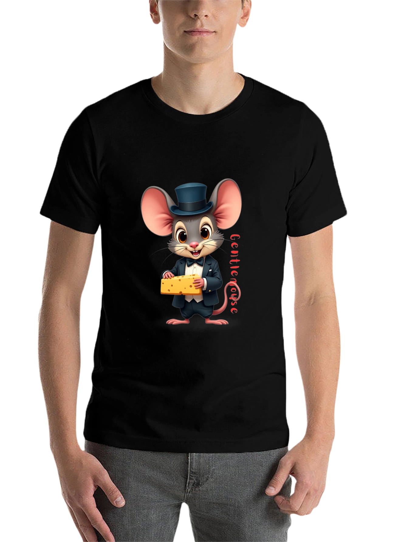 Black Gentle Mouse Cheese T-Shirt - Funny Cartoon Tee view 7