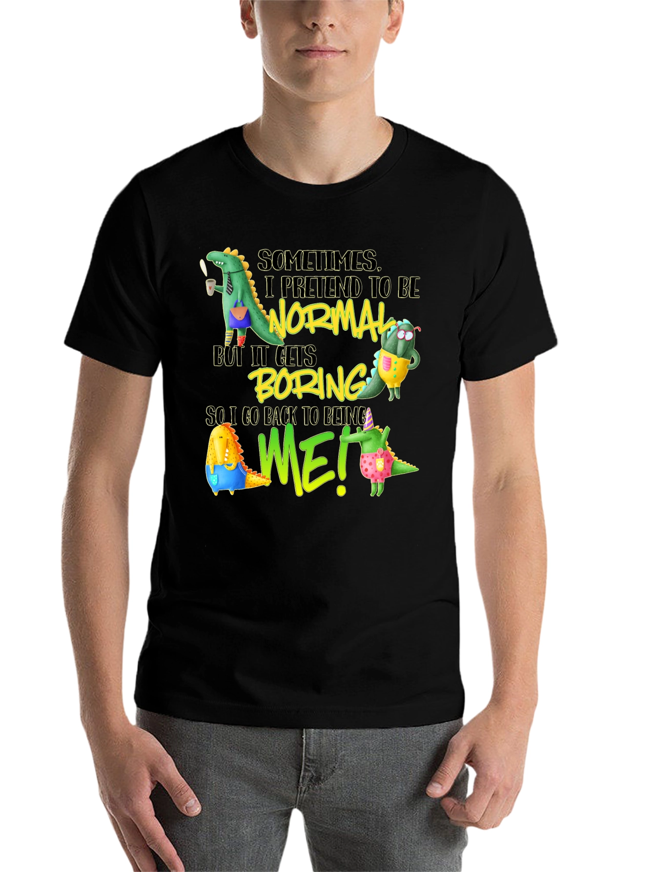 Black Funny Dinosaur Graphic Tee - Be Yourself T-Shirt view 7