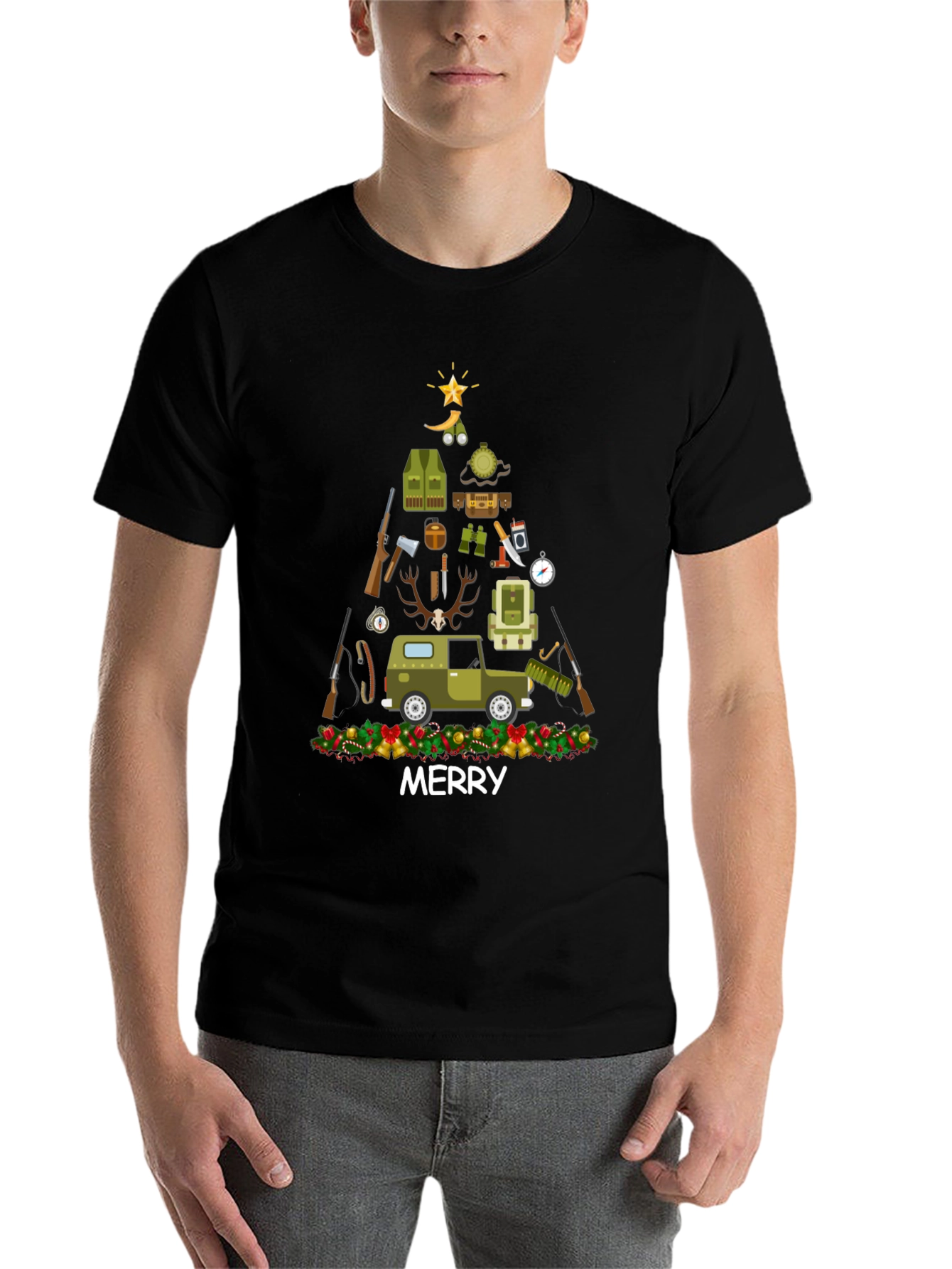 Black Merry Hunting Christmas Tree T-Shirt view 7