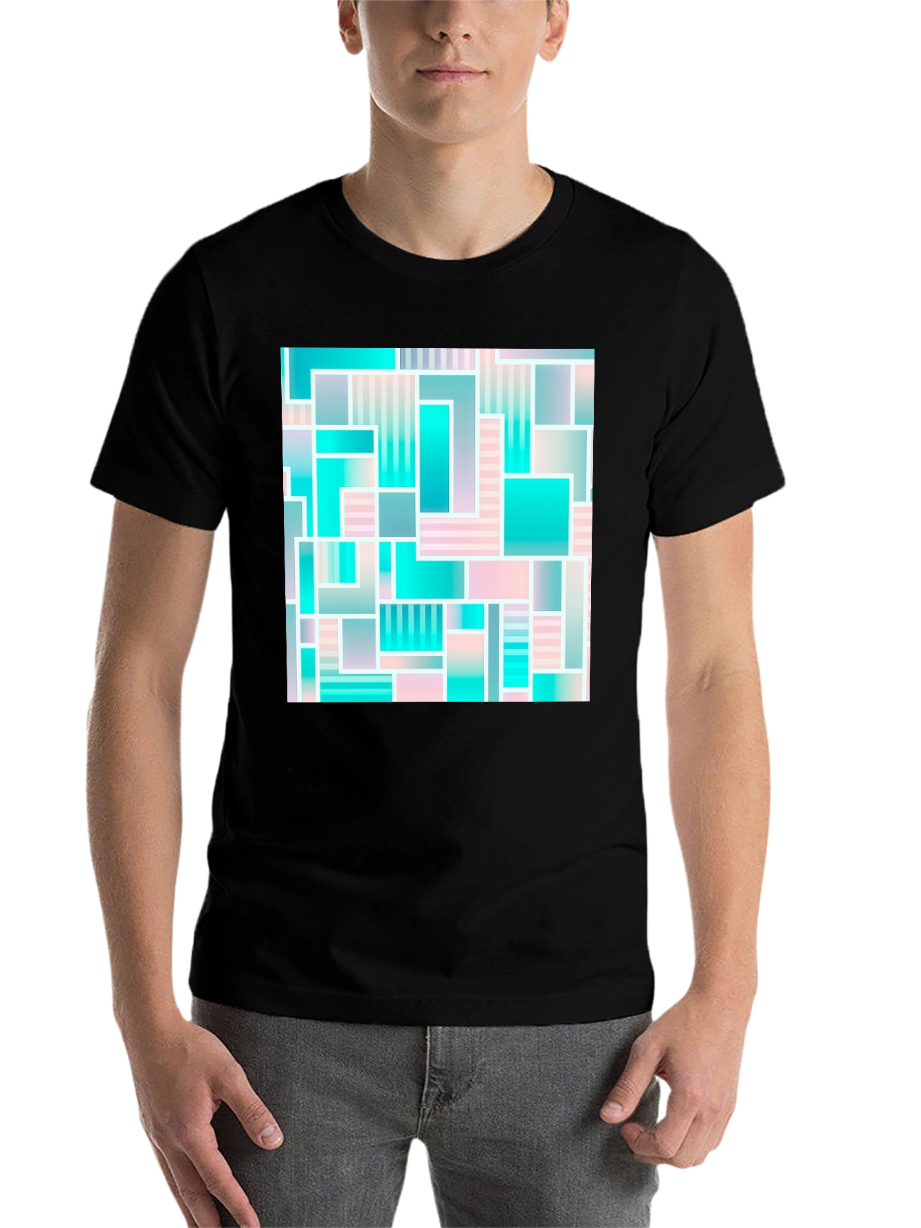 Black Geometric Abstract Teal & Pink T-Shirt view 7