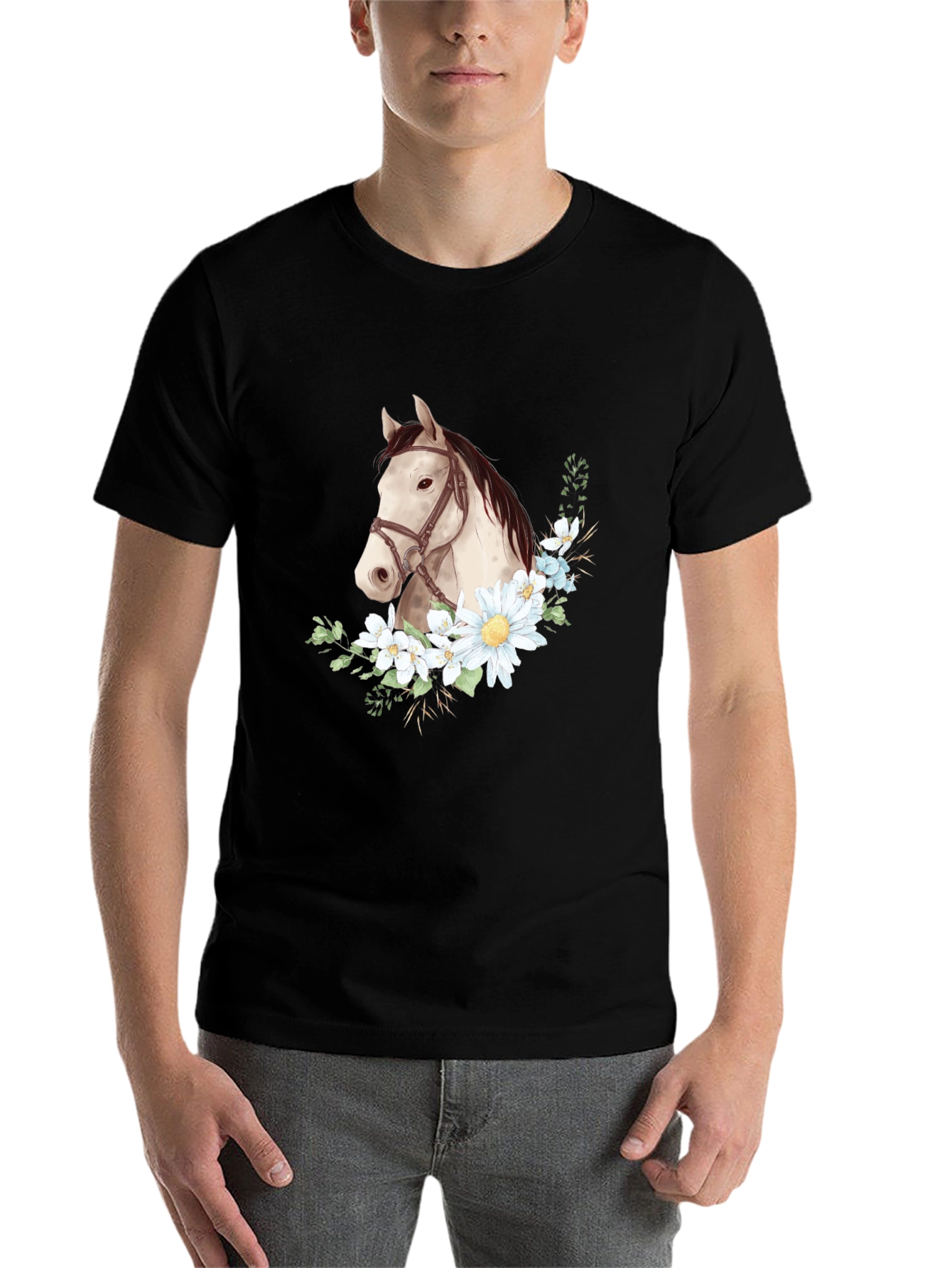 Black Horse & Floral Graphic Tee - Black view 7