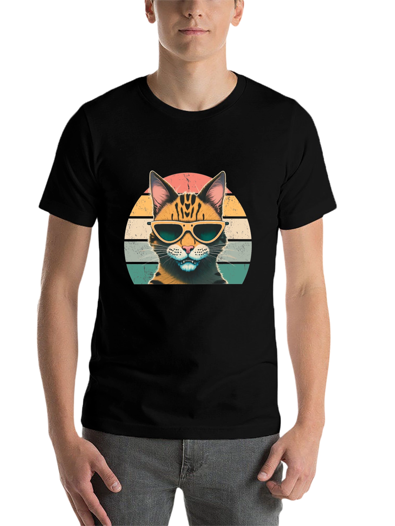 Black Cool Cat Graphic Tee - Retro Style view 7