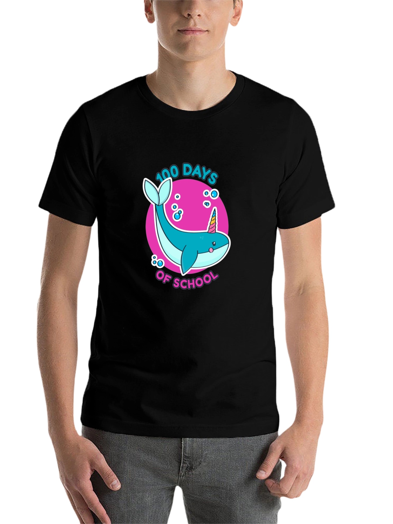 Black 100 Days of School Narwhal Unicorn Kids T-Shirt view 7